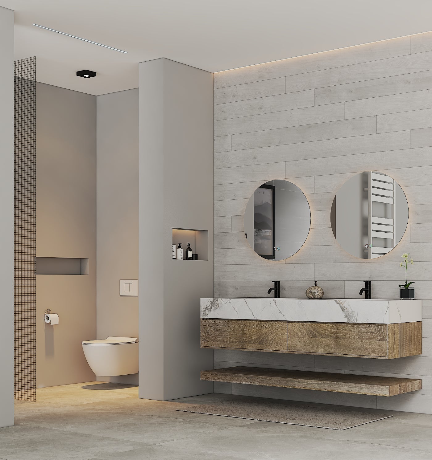 71" Light Oak Double Sink Stone Top Open Shelf Floating Bathroom Vanity - VanityLight Oak