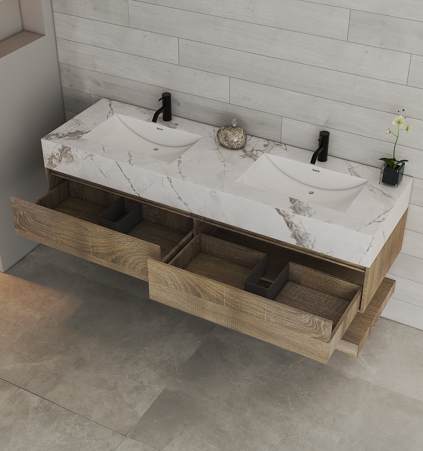 71" Light Oak Double Sink Stone Top Open Shelf Floating Bathroom Vanity - VanityLight Oak