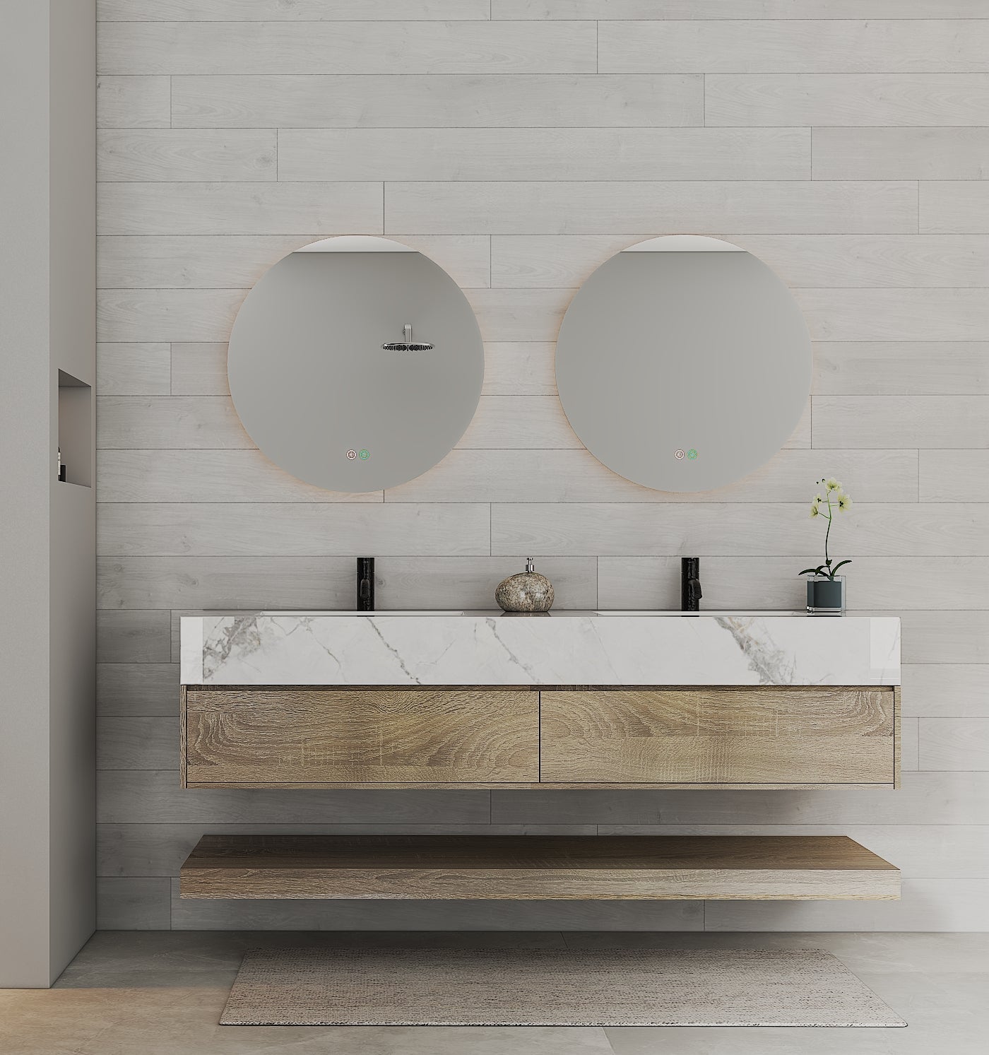 71" Light Oak Double Sink Stone Top Open Shelf Floating Bathroom Vanity - VanityLight Oak