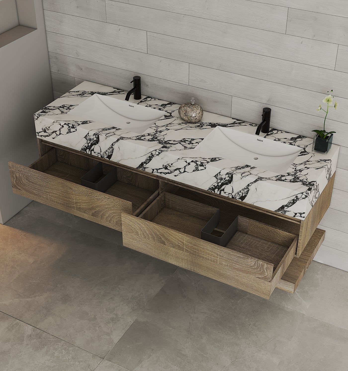 71" Light Oak Double Sink Stone Top Open Shelf Floating Bathroom Vanity - VanityLight Oak