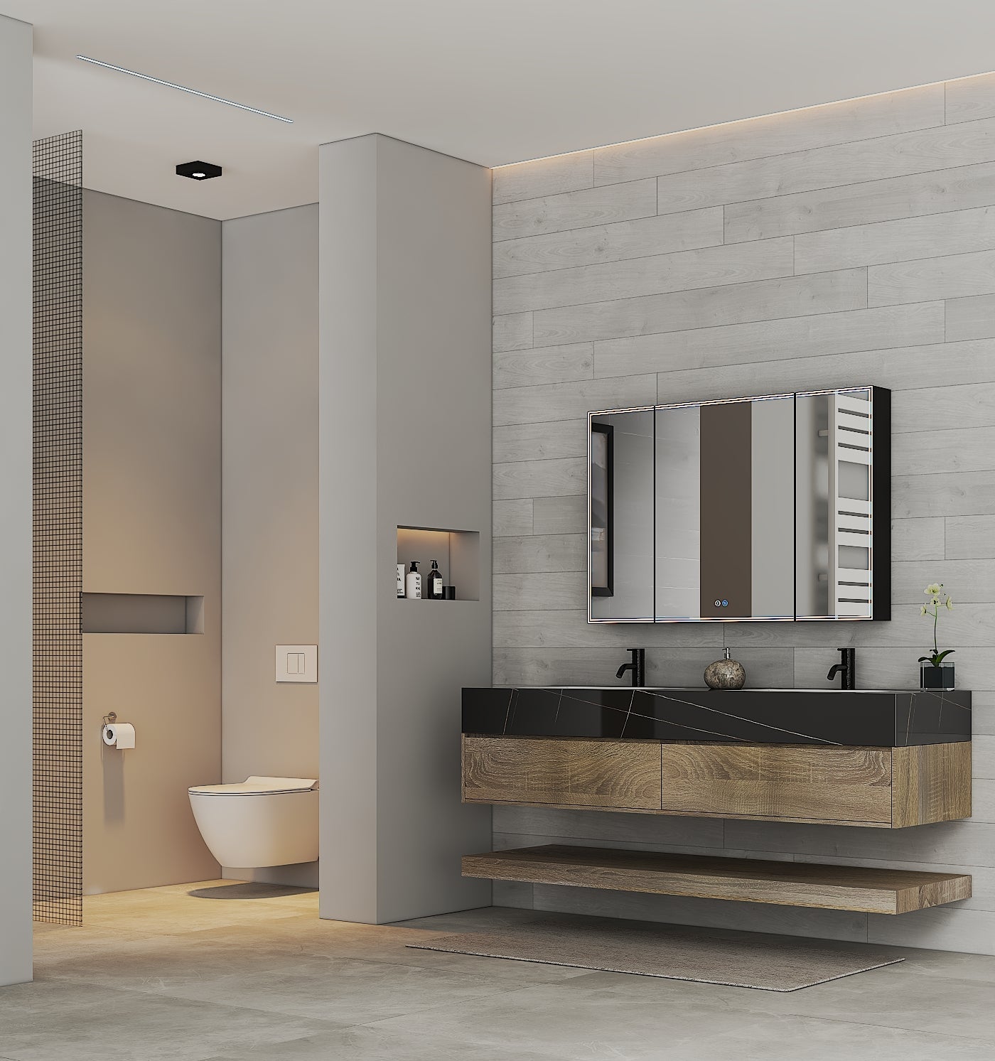 71" Light Oak Double Sink Stone Top Open Shelf Floating Bathroom Vanity - VanityLight Oak