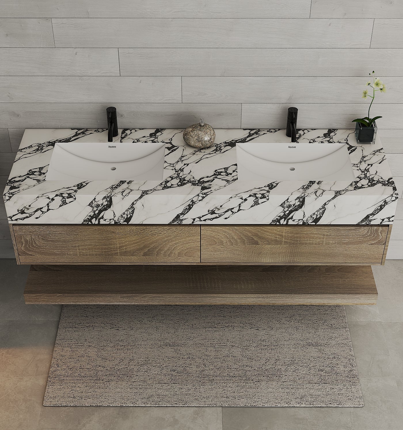 71" Light Oak Double Sink Stone Top Open Shelf Floating Bathroom Vanity - VanityLight Oak