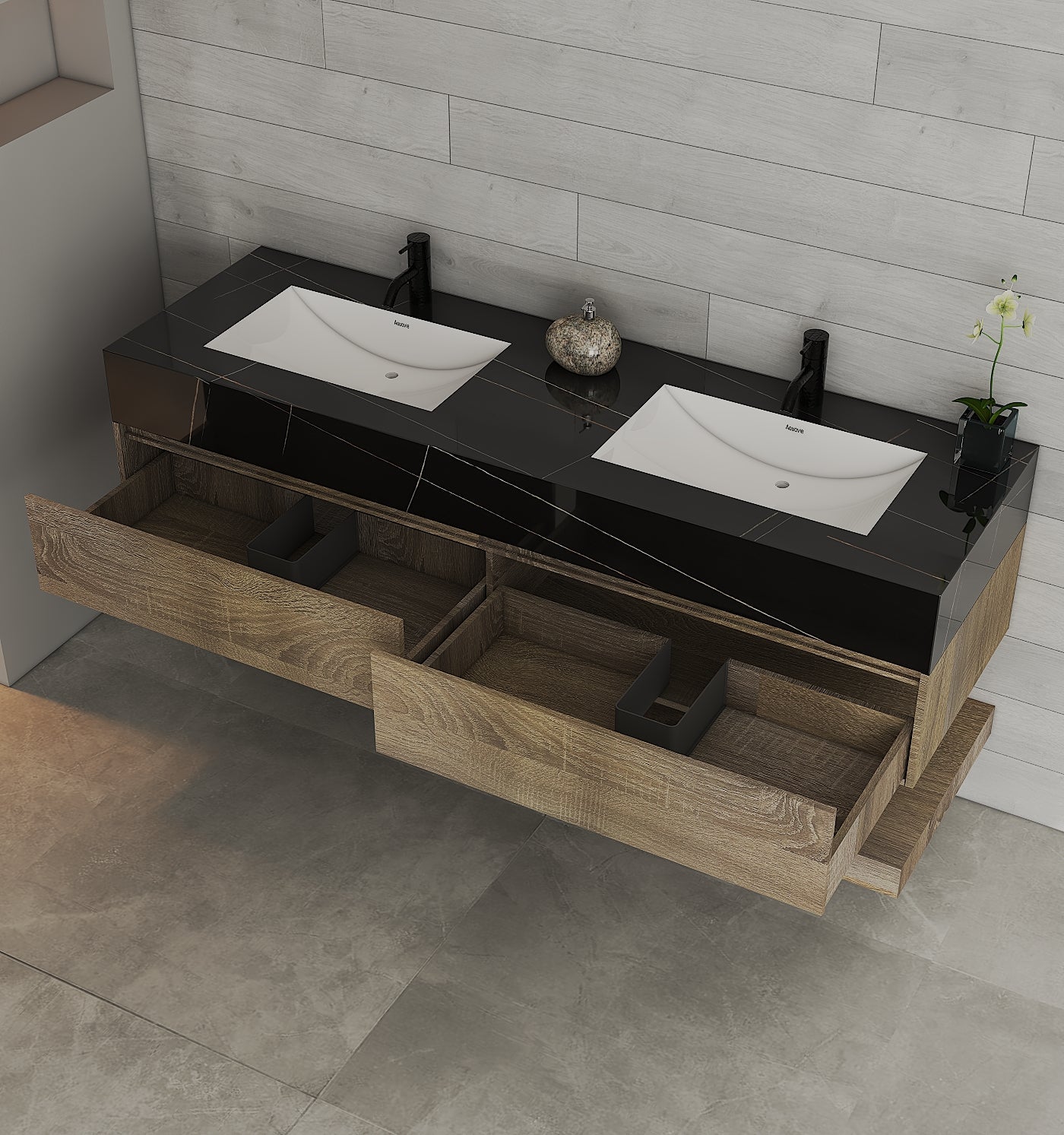 71" Light Oak Double Sink Stone Top Open Shelf Floating Bathroom Vanity - VanityLight Oak