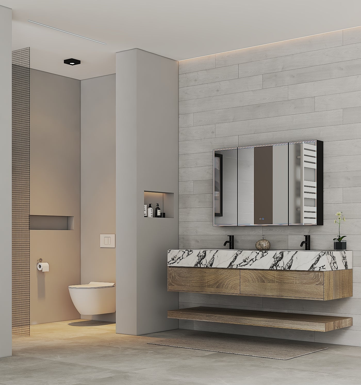 71" Light Oak Double Sink Stone Top Open Shelf Floating Bathroom Vanity - VanityLight Oak