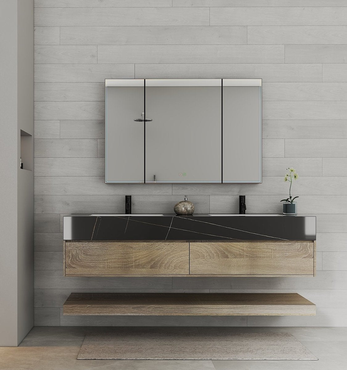 71" Nature Oak Double Sink Stone Top Open Shelf Floating Bathroom Vanity - VanityNature Oak NeoNova Decor