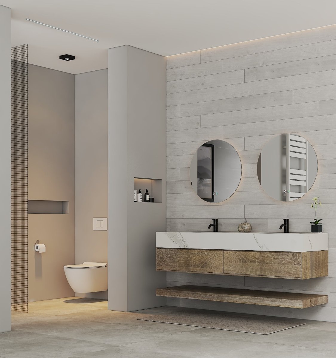 71" Nature Oak Double Sink Stone Top Open Shelf Floating Bathroom Vanity - VanityNature Oak NeoNova Decor