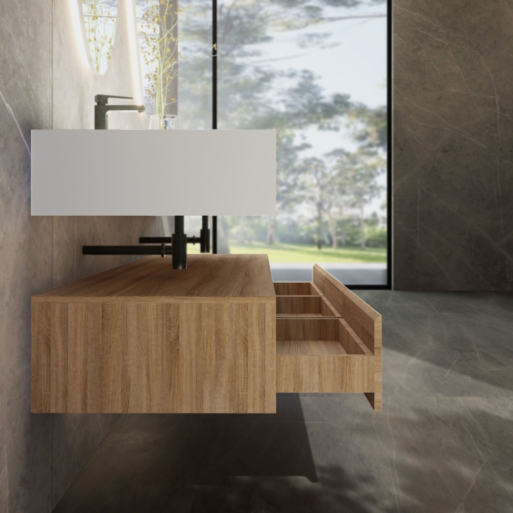 71" Wall Mount Bathroom Vanity - Stone Integrated Basin & Plywood Cabinet - VanityLight Oak