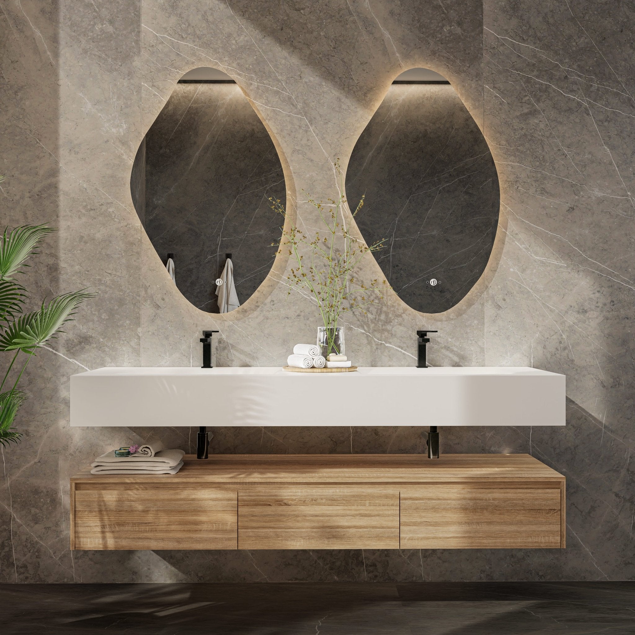 71" Wall Mount Bathroom Vanity - Stone Integrated Basin & Plywood Cabinet - VanityLight Oak