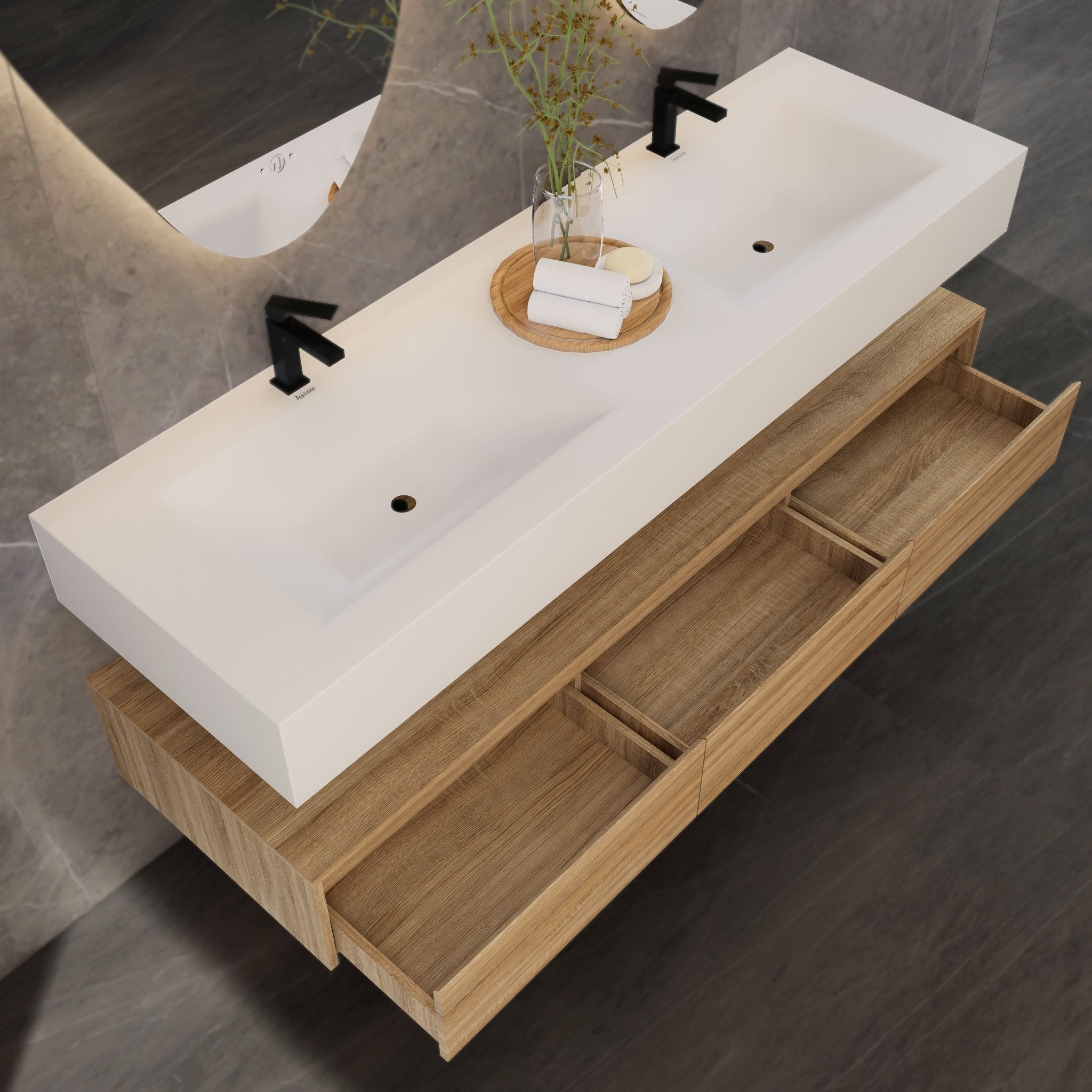 71" Wall Mount Bathroom Vanity - Stone Integrated Basin & Plywood Cabinet - VanityLight Oak