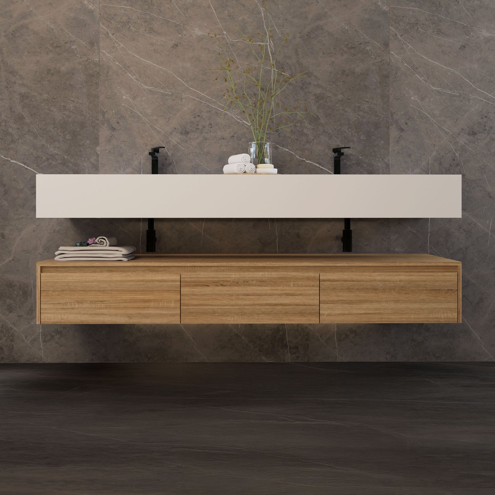 71" Wall Mount Bathroom Vanity - Stone Integrated Basin & Plywood Cabinet - VanityLight Oak