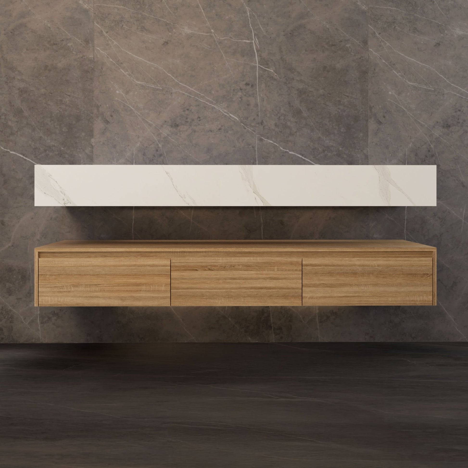 71" Wall Mount Bathroom Vanity - Stone Integrated Basin & Plywood Cabinet - VanityLight Oak