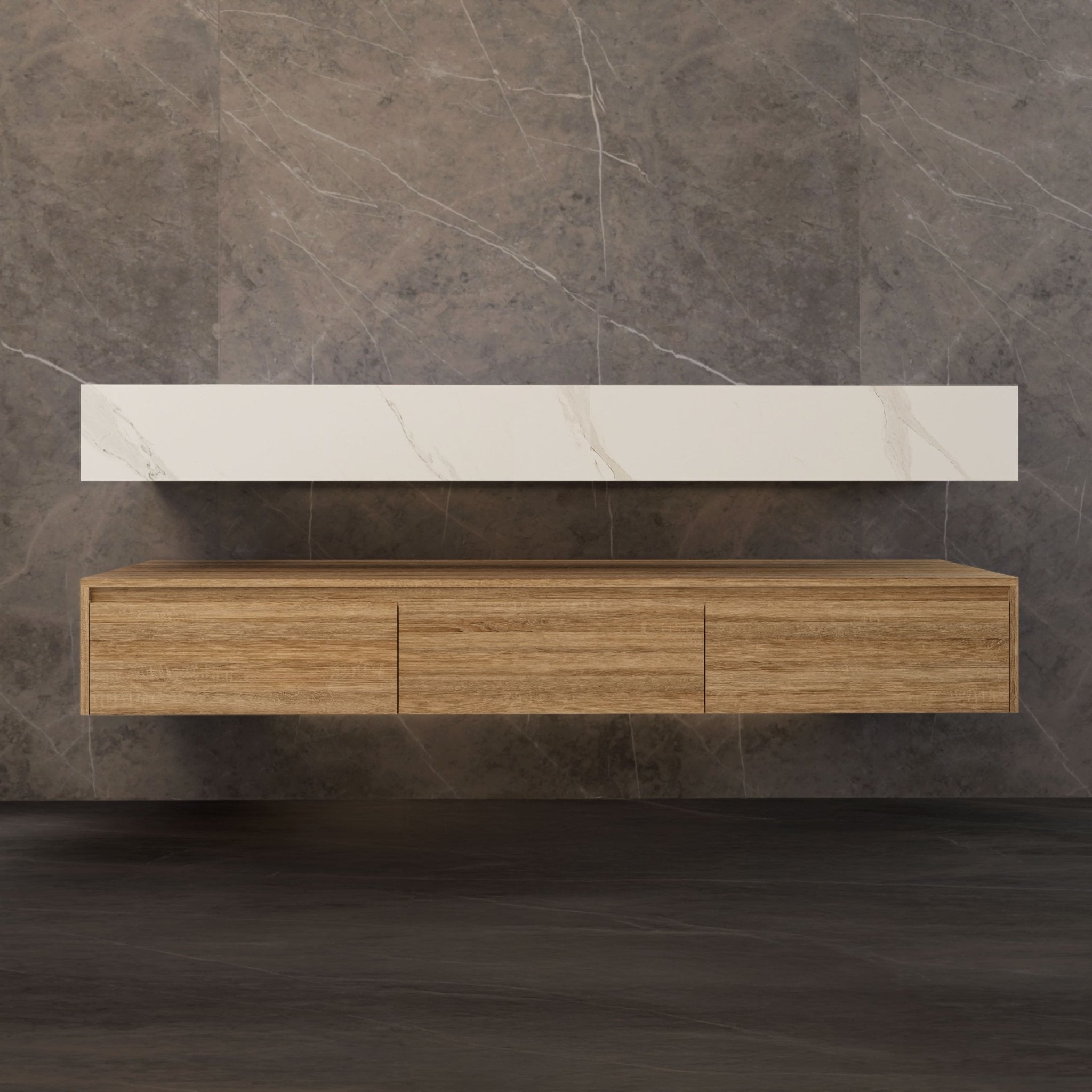 71" Wall Mount Bathroom Vanity - Stone Integrated Basin & Plywood Cabinet - VanityLight Oak