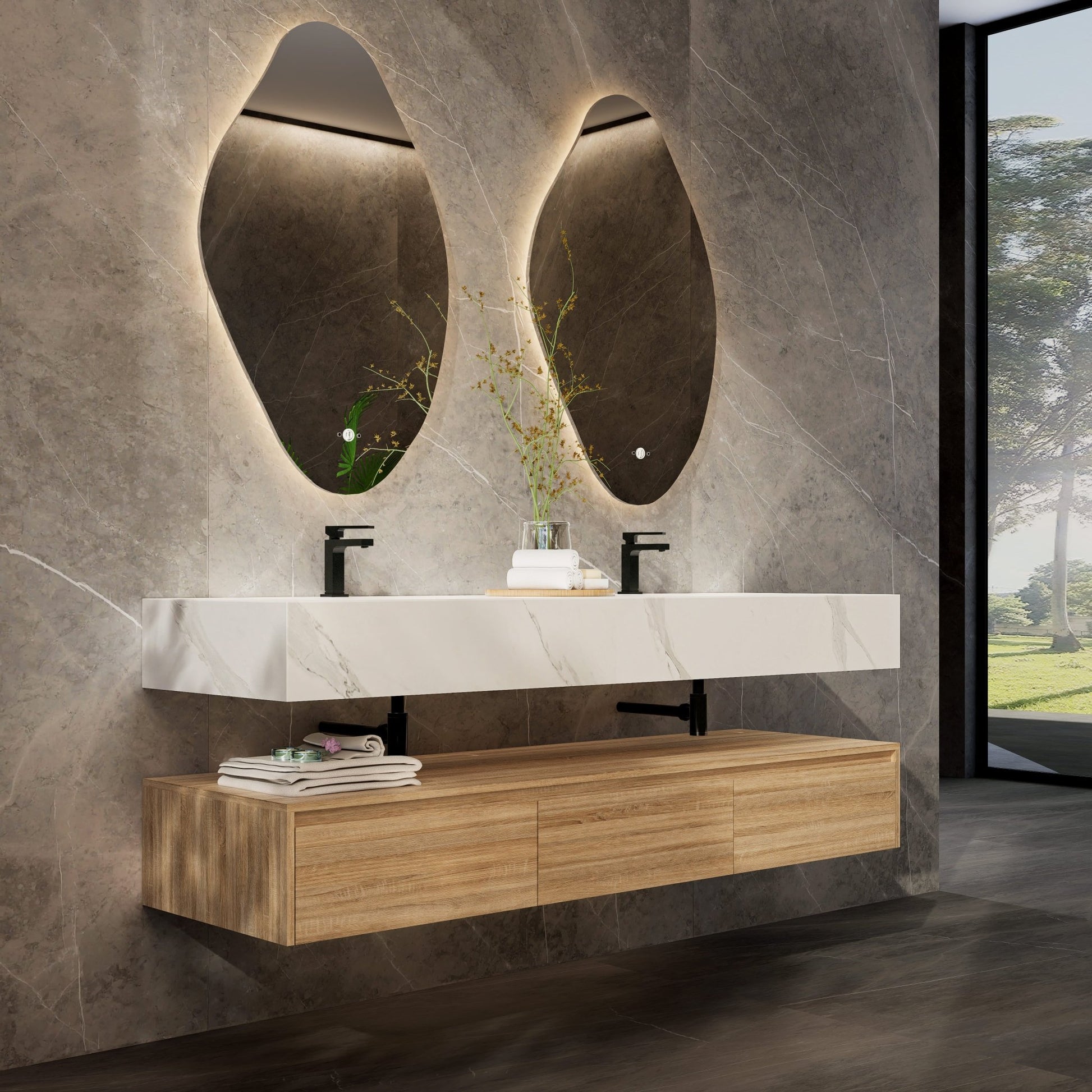 71" Wall Mount Bathroom Vanity - Stone Integrated Basin & Plywood Cabinet - VanityLight Oak