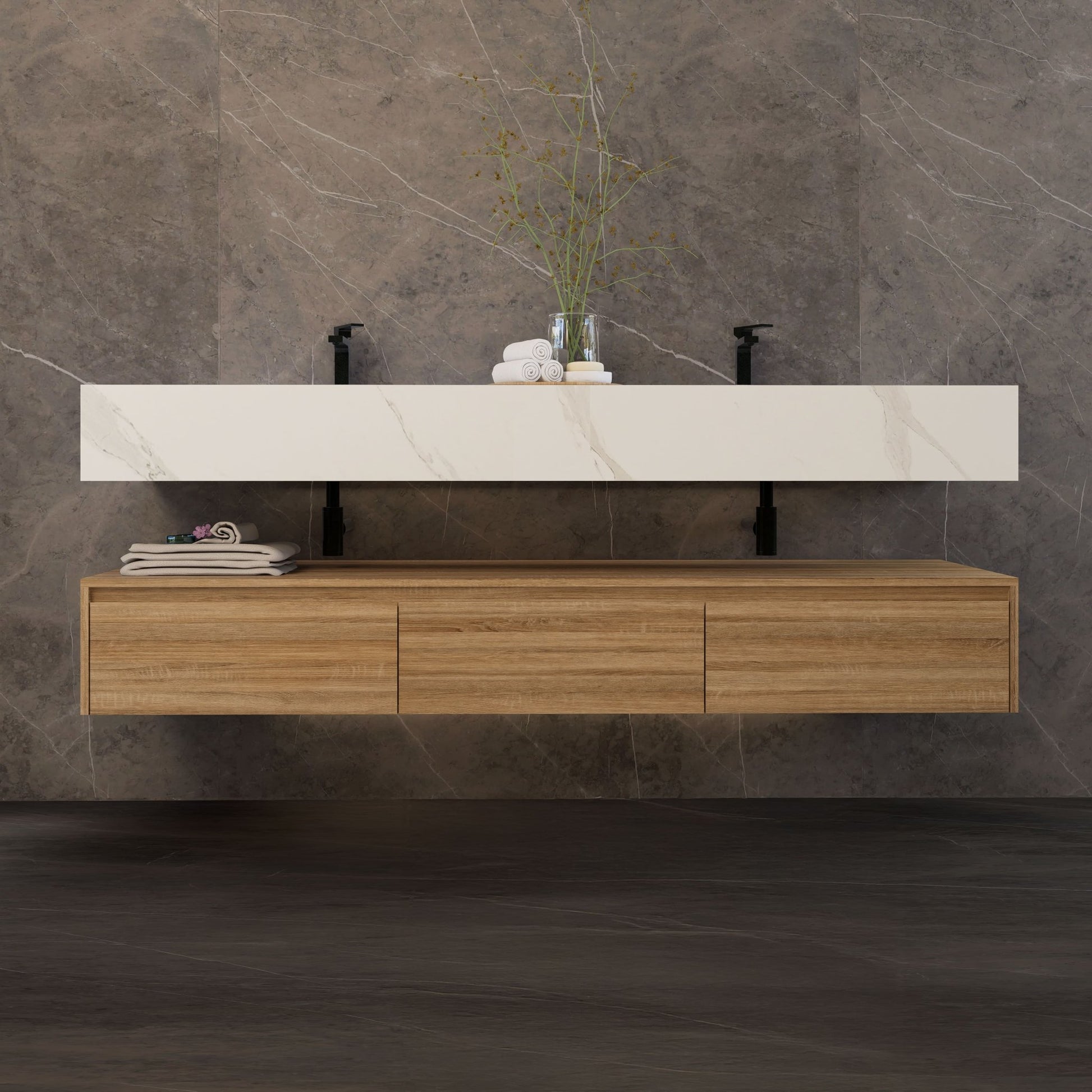 71" Wall Mount Bathroom Vanity - Stone Integrated Basin & Plywood Cabinet - VanityLight Oak
