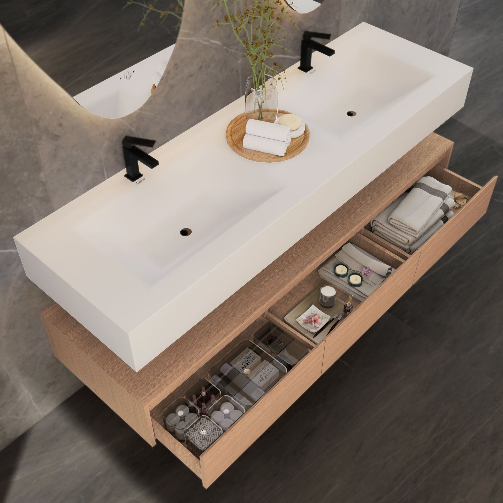 71" Wall Mount Bathroom Vanity - Stone Integrated Basin & Plywood Cabinet - VanitySmoked Oak