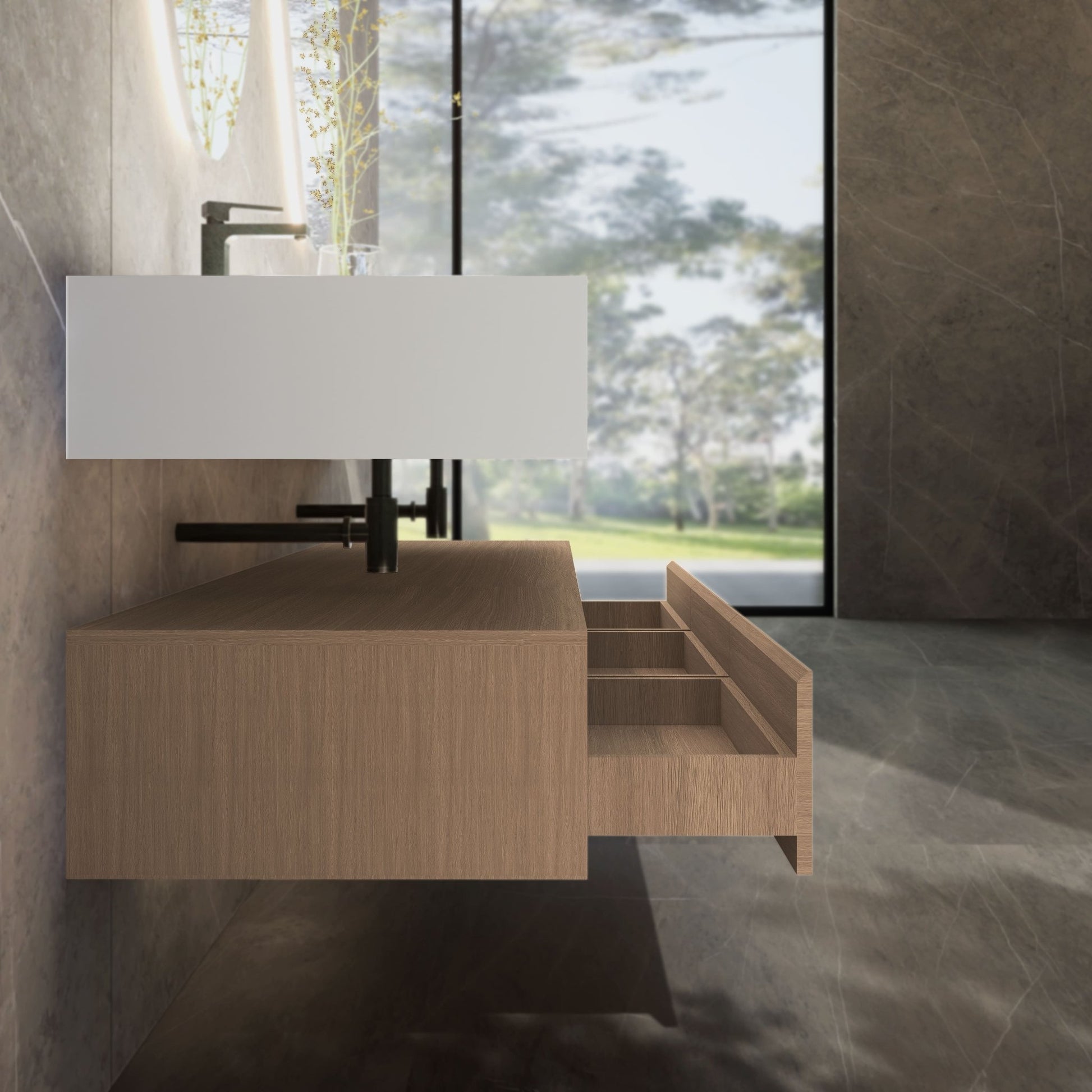 71" Wall Mount Bathroom Vanity - Stone Integrated Basin & Plywood Cabinet - VanitySmoked Oak