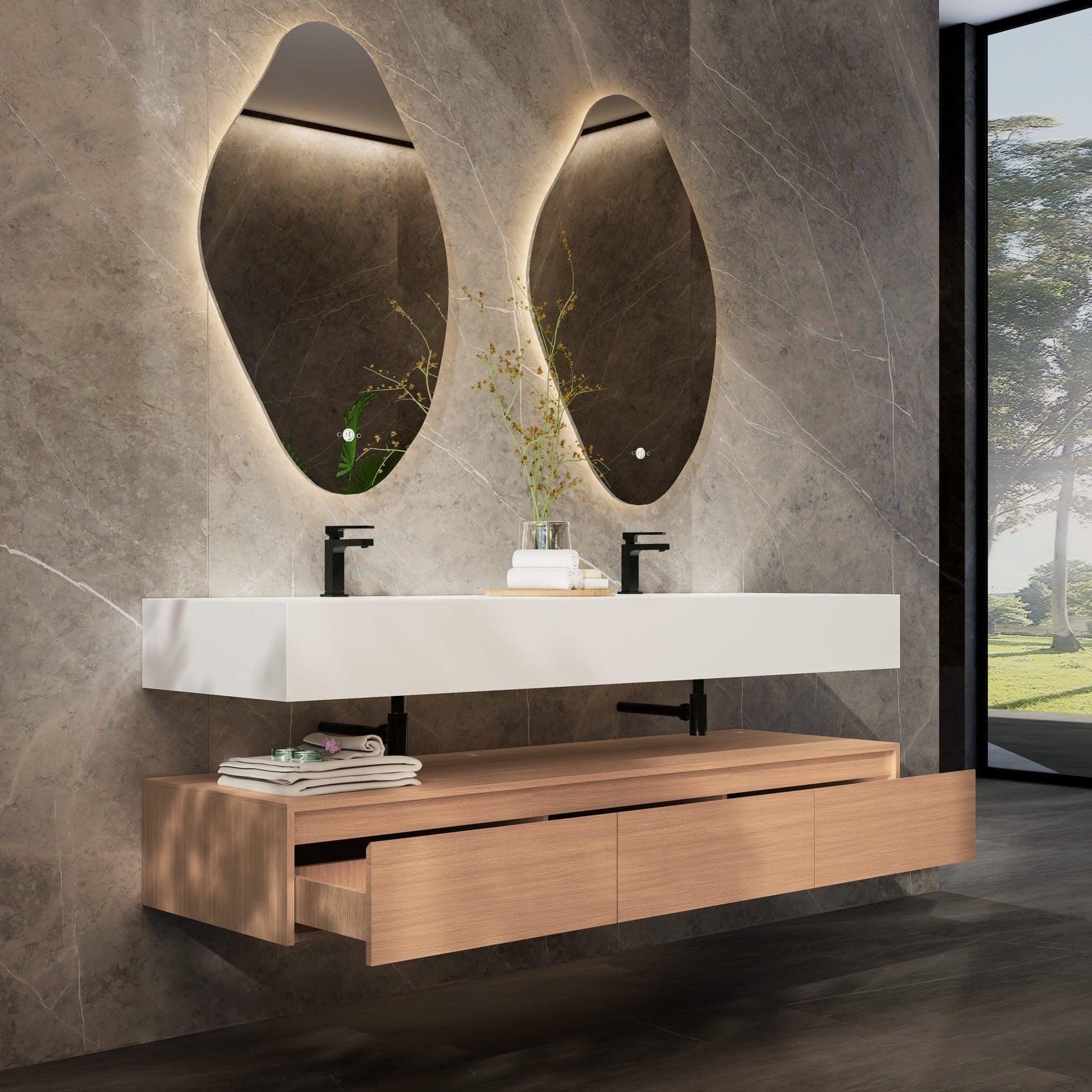 71" Wall Mount Bathroom Vanity - Stone Integrated Basin & Plywood Cabinet - VanitySmoked Oak