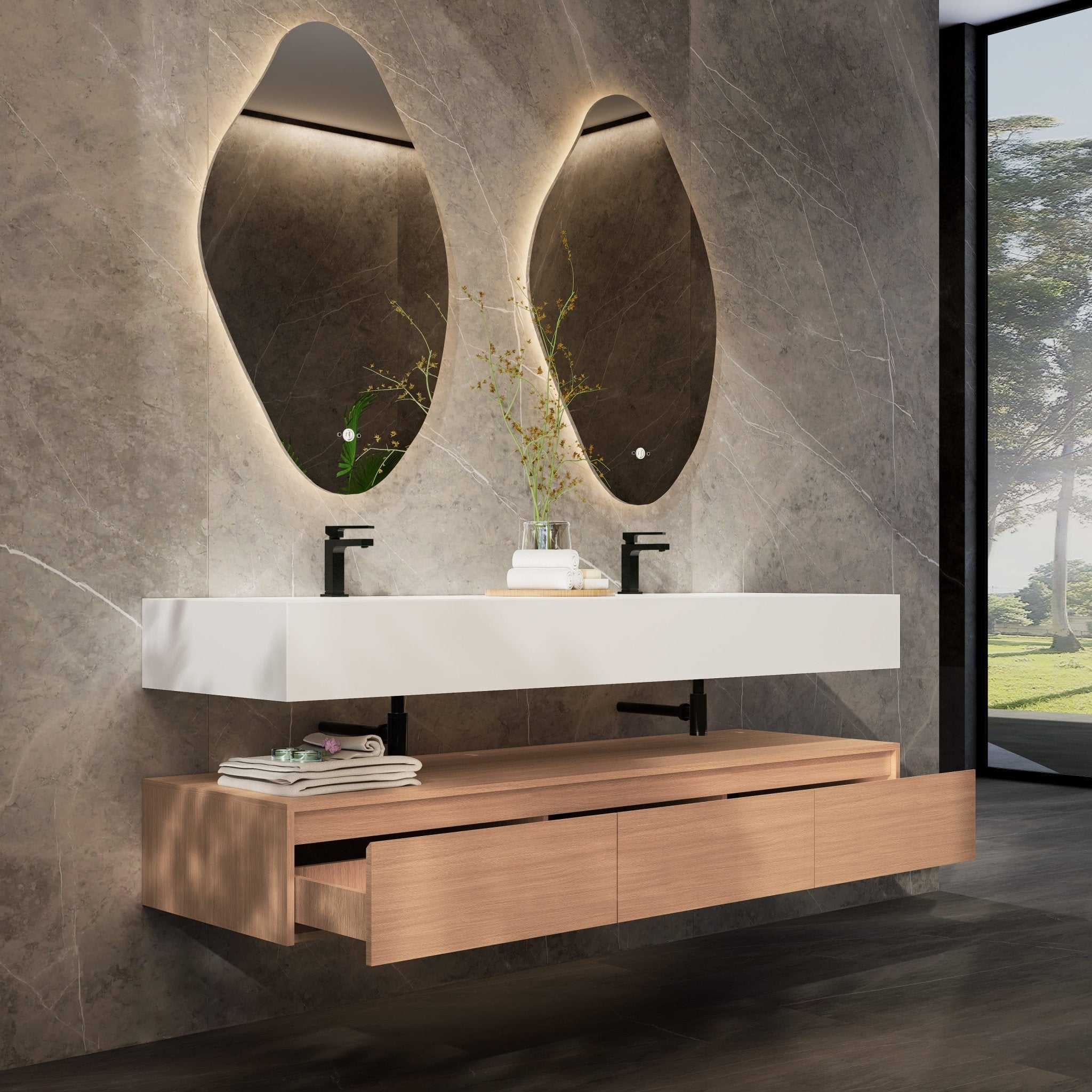 71" Wall Mount Bathroom Vanity - Stone Integrated Basin & Plywood Cabinet - VanitySmoked Oak