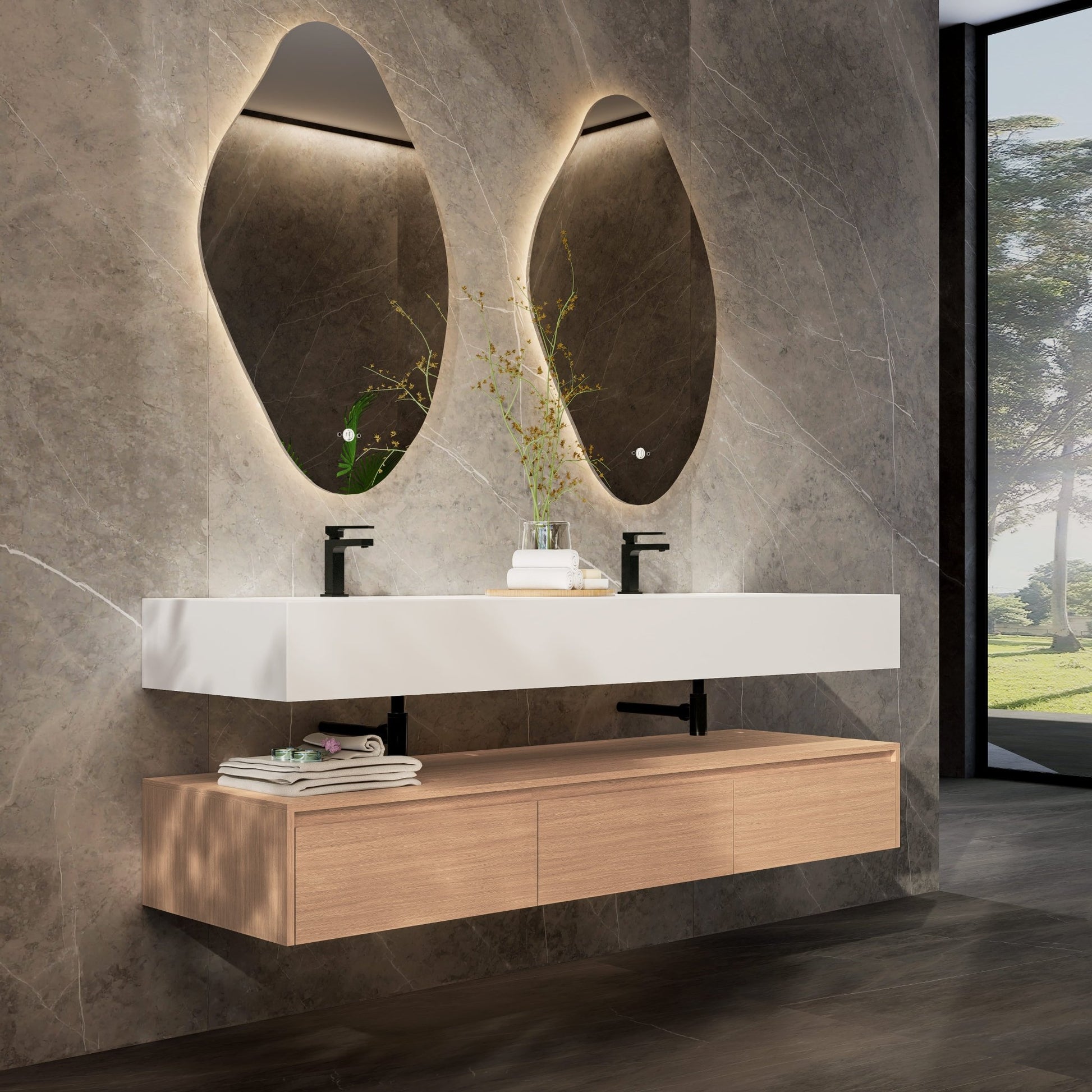 71" Wall Mount Bathroom Vanity - Stone Integrated Basin & Plywood Cabinet - VanitySmoked Oak