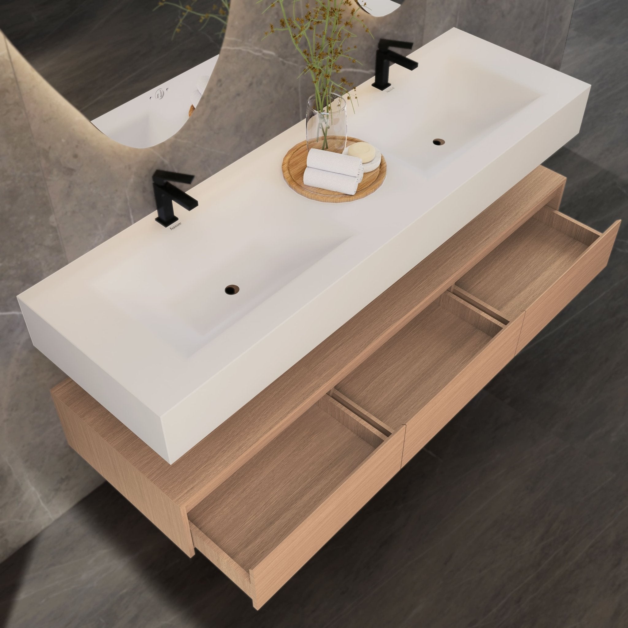 71" Wall Mount Bathroom Vanity - Stone Integrated Basin & Plywood Cabinet - VanitySmoked Oak