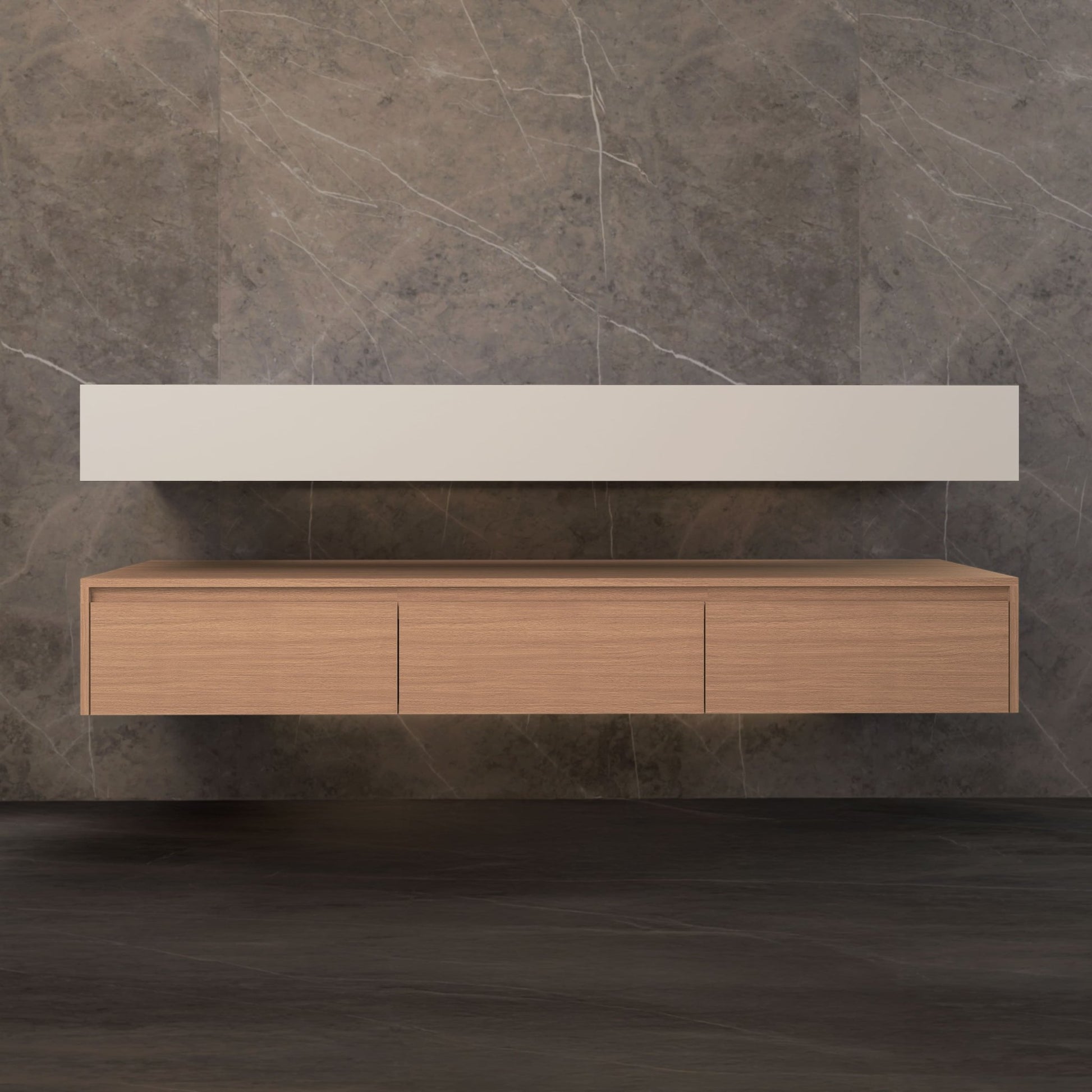 71" Wall Mount Bathroom Vanity - Stone Integrated Basin & Plywood Cabinet - VanitySmoked Oak