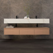 71" Wall Mount Bathroom Vanity - Stone Integrated Basin & Plywood Cabinet - VanitySmoked Oak