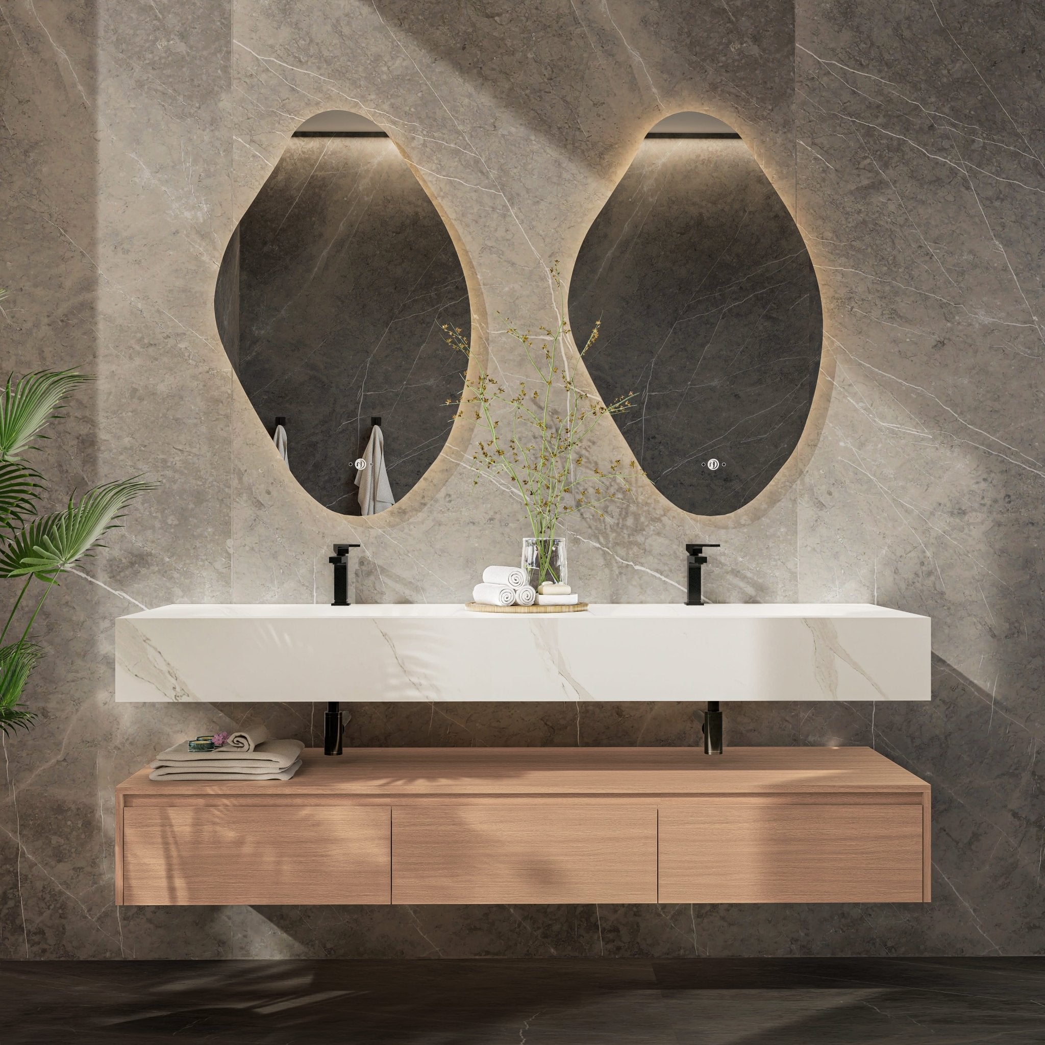 71" Wall Mount Bathroom Vanity - Stone Integrated Basin & Plywood Cabinet - VanitySmoked Oak