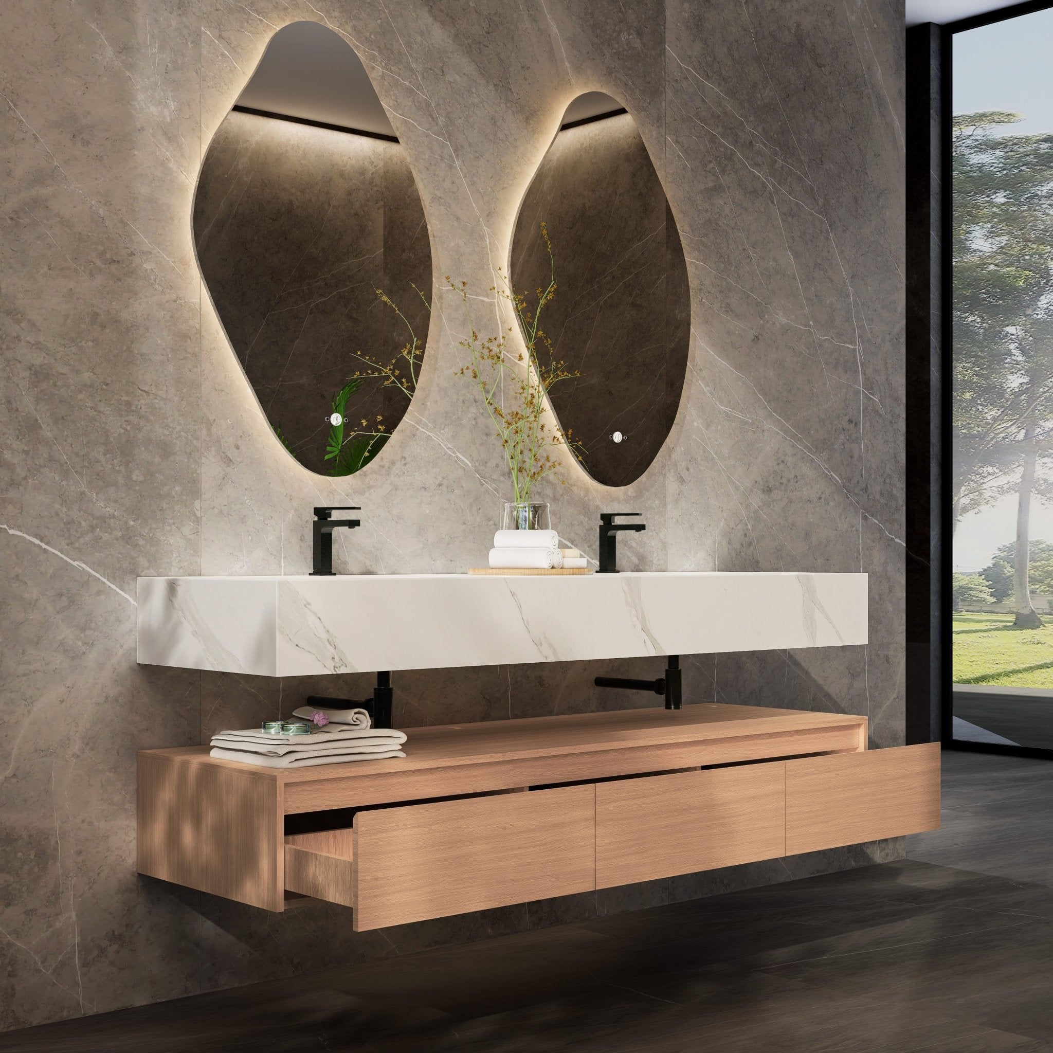 71" Wall Mount Bathroom Vanity - Stone Integrated Basin & Plywood Cabinet - VanitySmoked Oak
