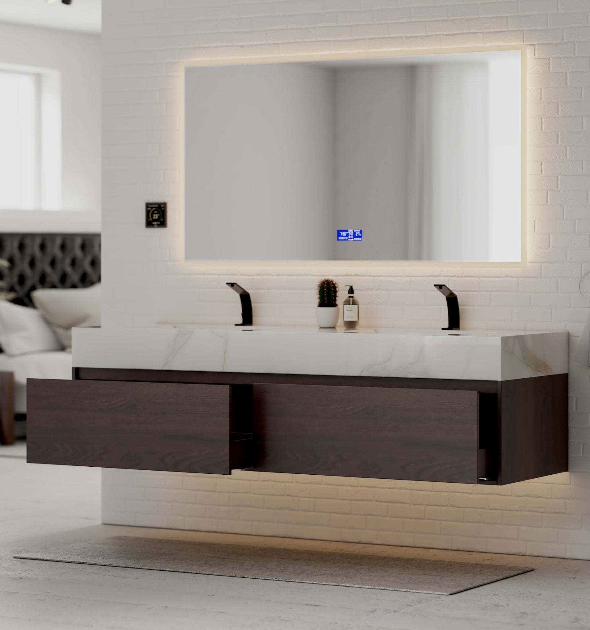 71" Walnut Double Sink Stone Top Two Drawers Floating Bathroom Vanity - VanityWalnut NeoNova Decor