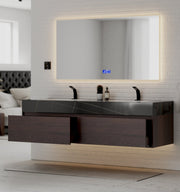 71" Walnut Double Sink Stone Top Two Drawers Floating Bathroom Vanity - VanityWalnut NeoNova Decor