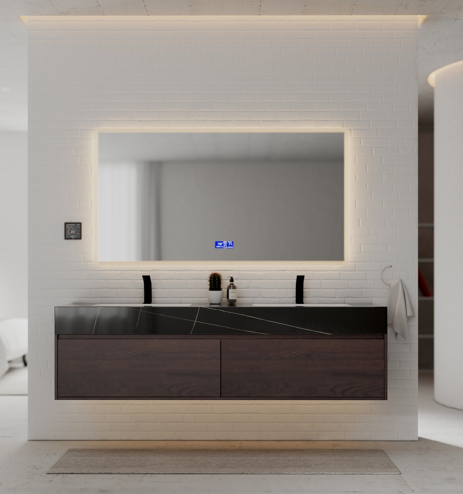 71" Walnut Double Sink Stone Top Two Drawers Floating Bathroom Vanity - VanityWalnut NeoNova Decor