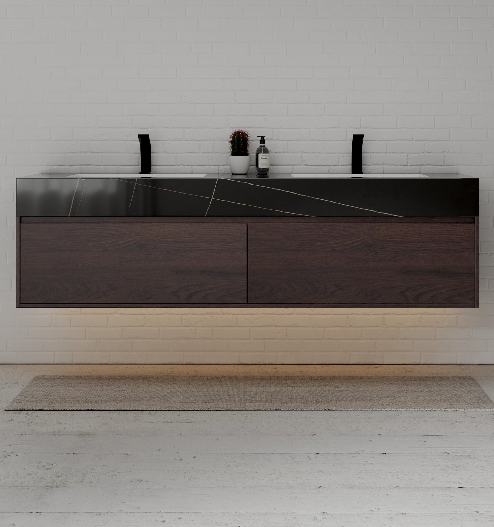 71" Walnut Double Sink Stone Top Two Drawers Floating Bathroom Vanity - VanityWalnut NeoNova Decor