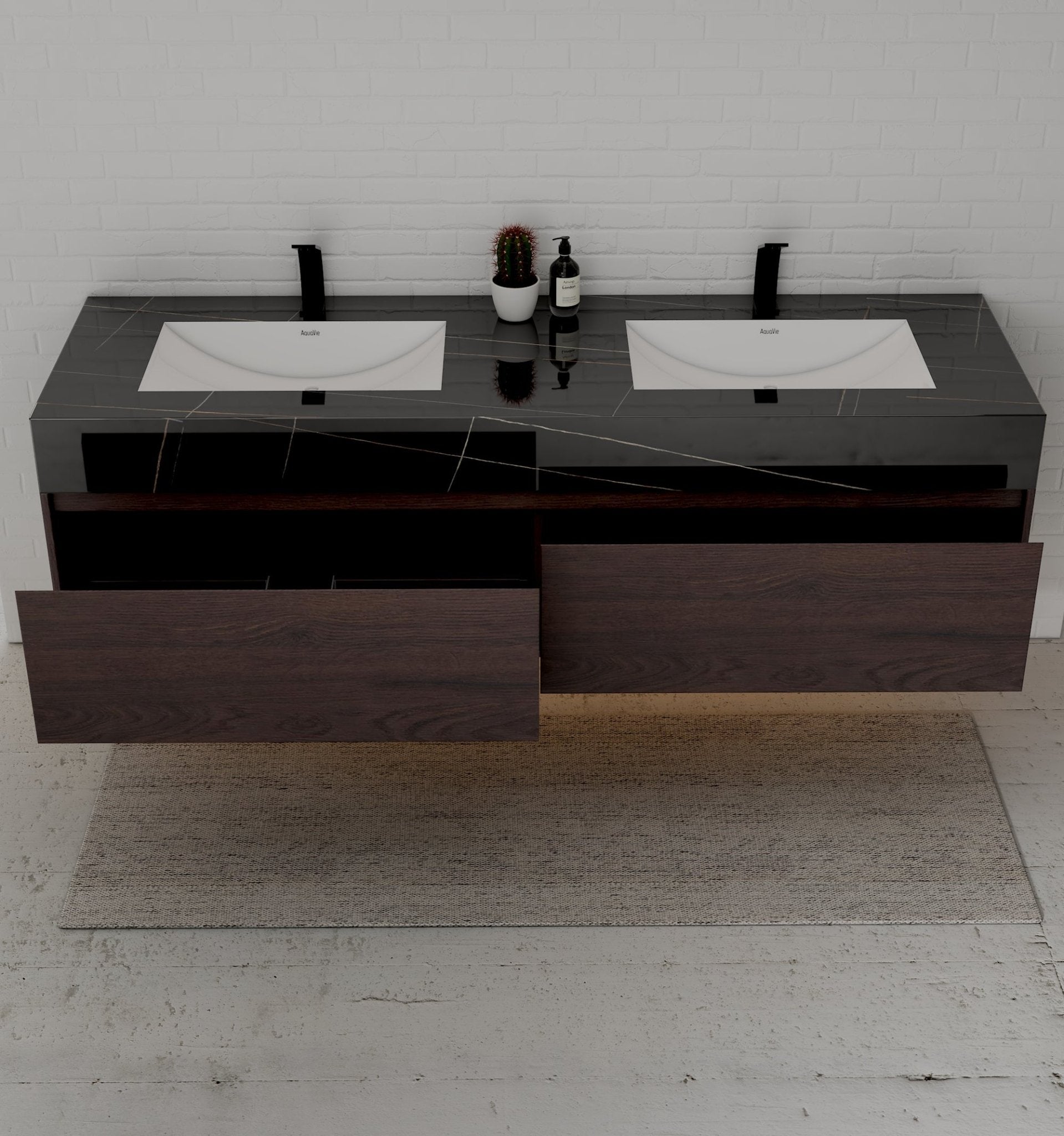 71" Walnut Double Sink Stone Top Two Drawers Floating Bathroom Vanity - VanityWalnut NeoNova Decor