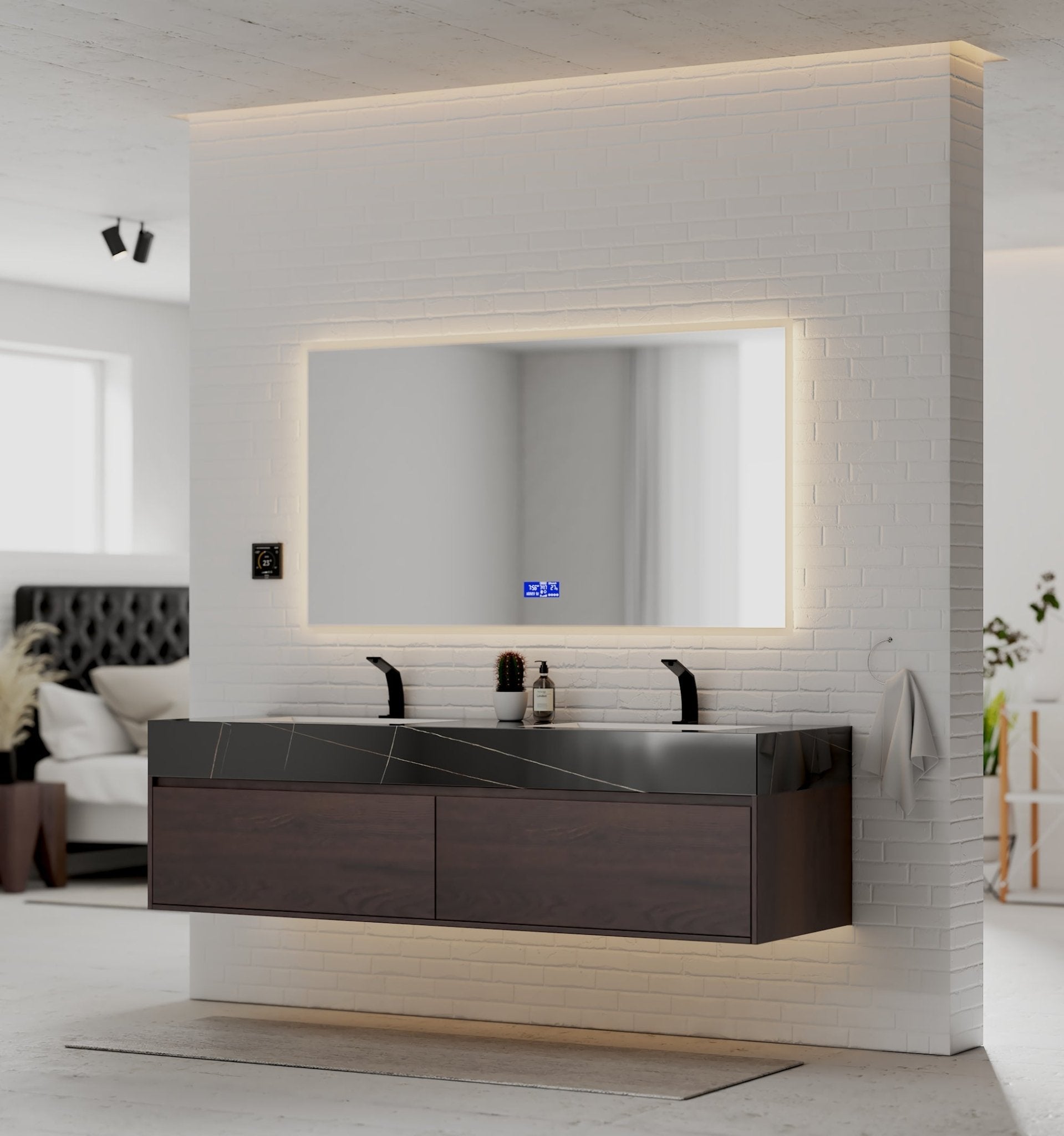 71" Walnut Double Sink Stone Top Two Drawers Floating Bathroom Vanity - VanityWalnut NeoNova Decor