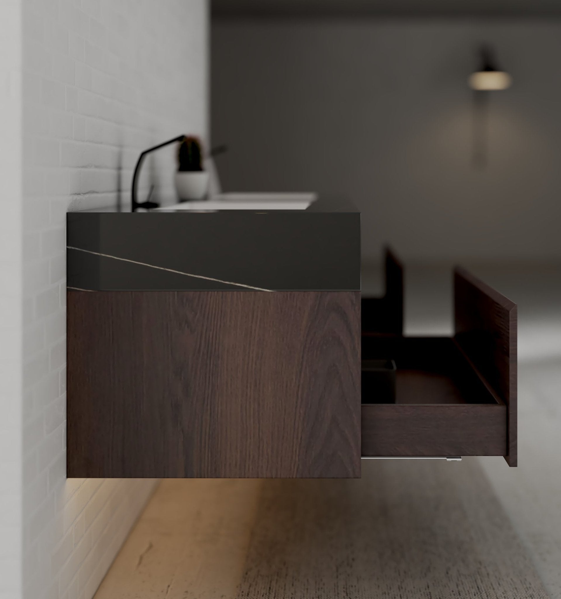 71" Walnut Double Sink Stone Top Two Drawers Floating Bathroom Vanity - VanityWalnut NeoNova Decor