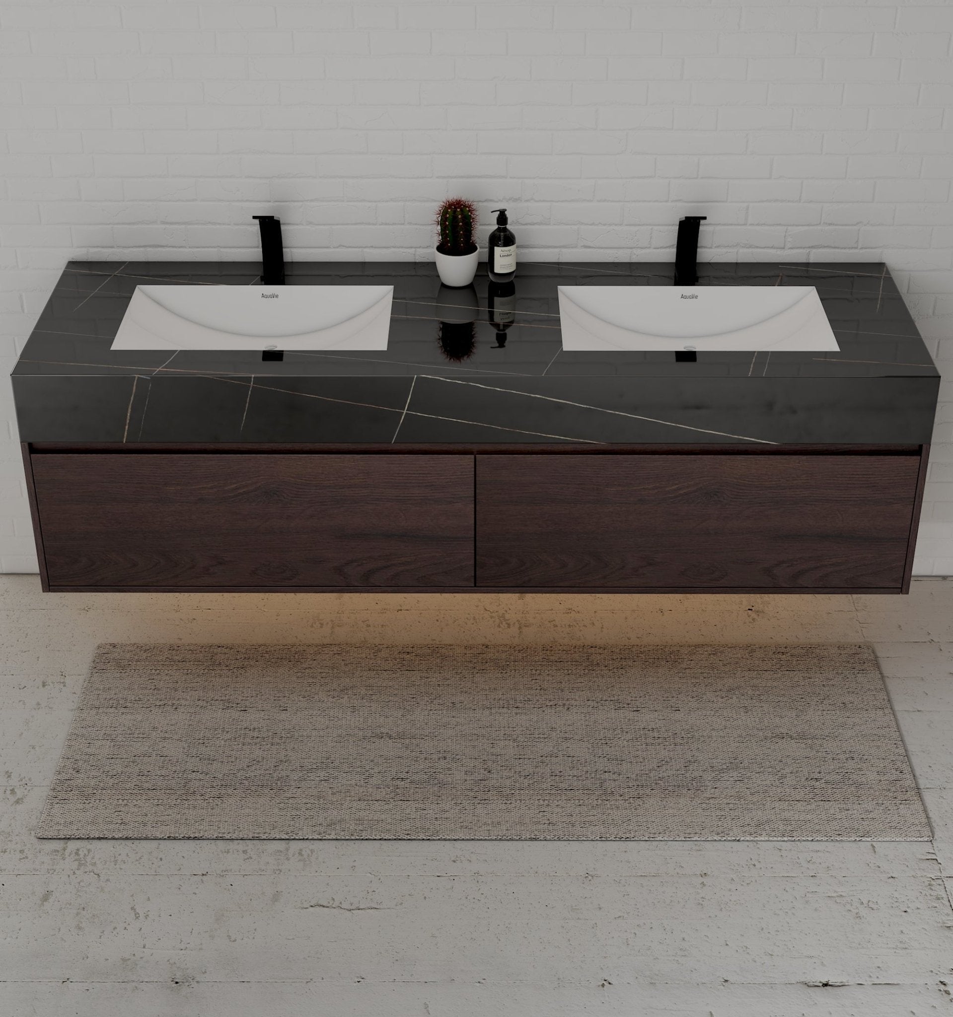 71" Walnut Double Sink Stone Top Two Drawers Floating Bathroom Vanity - VanityWalnut NeoNova Decor