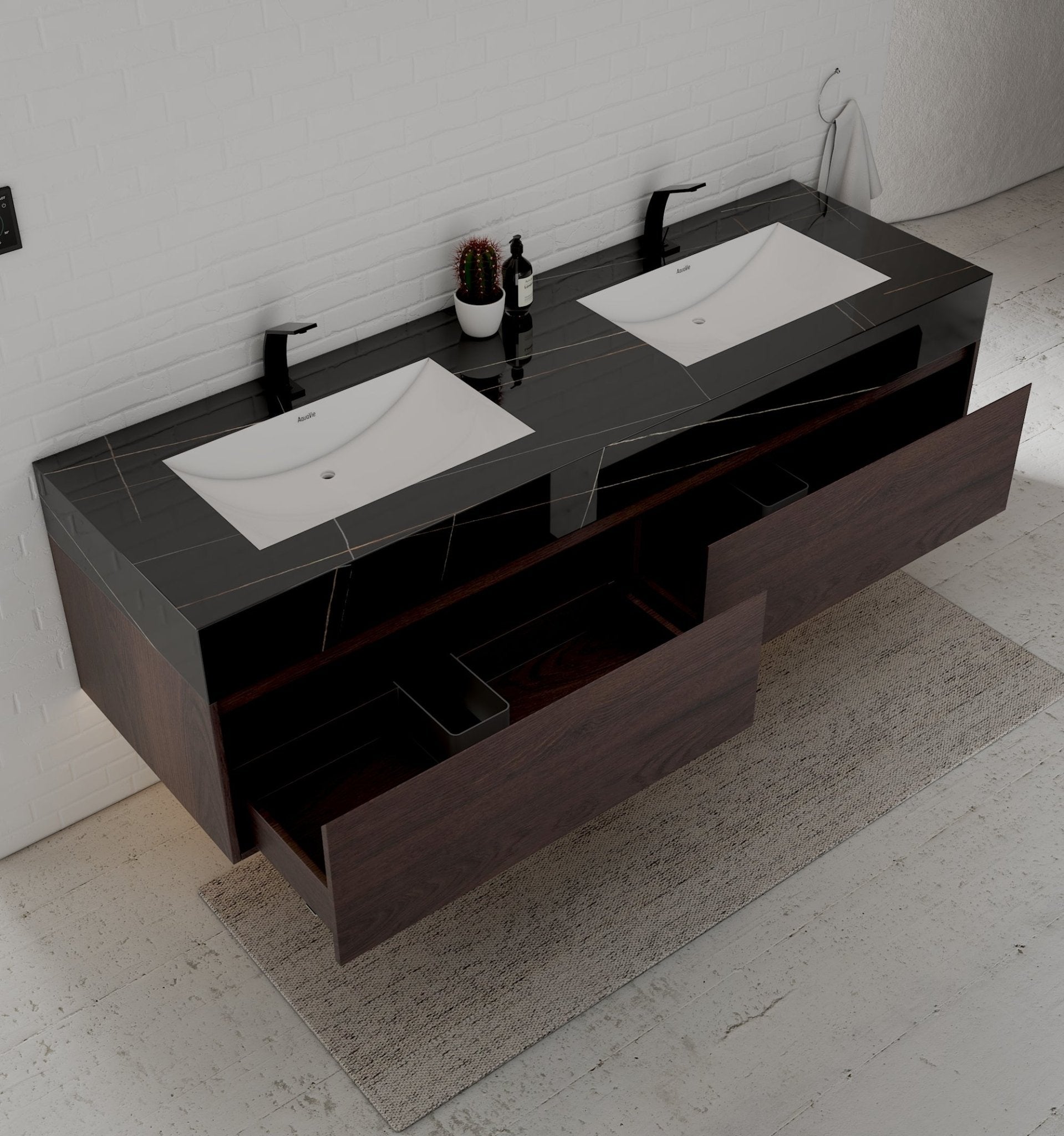 71" Walnut Double Sink Stone Top Two Drawers Floating Bathroom Vanity - VanityWalnut NeoNova Decor