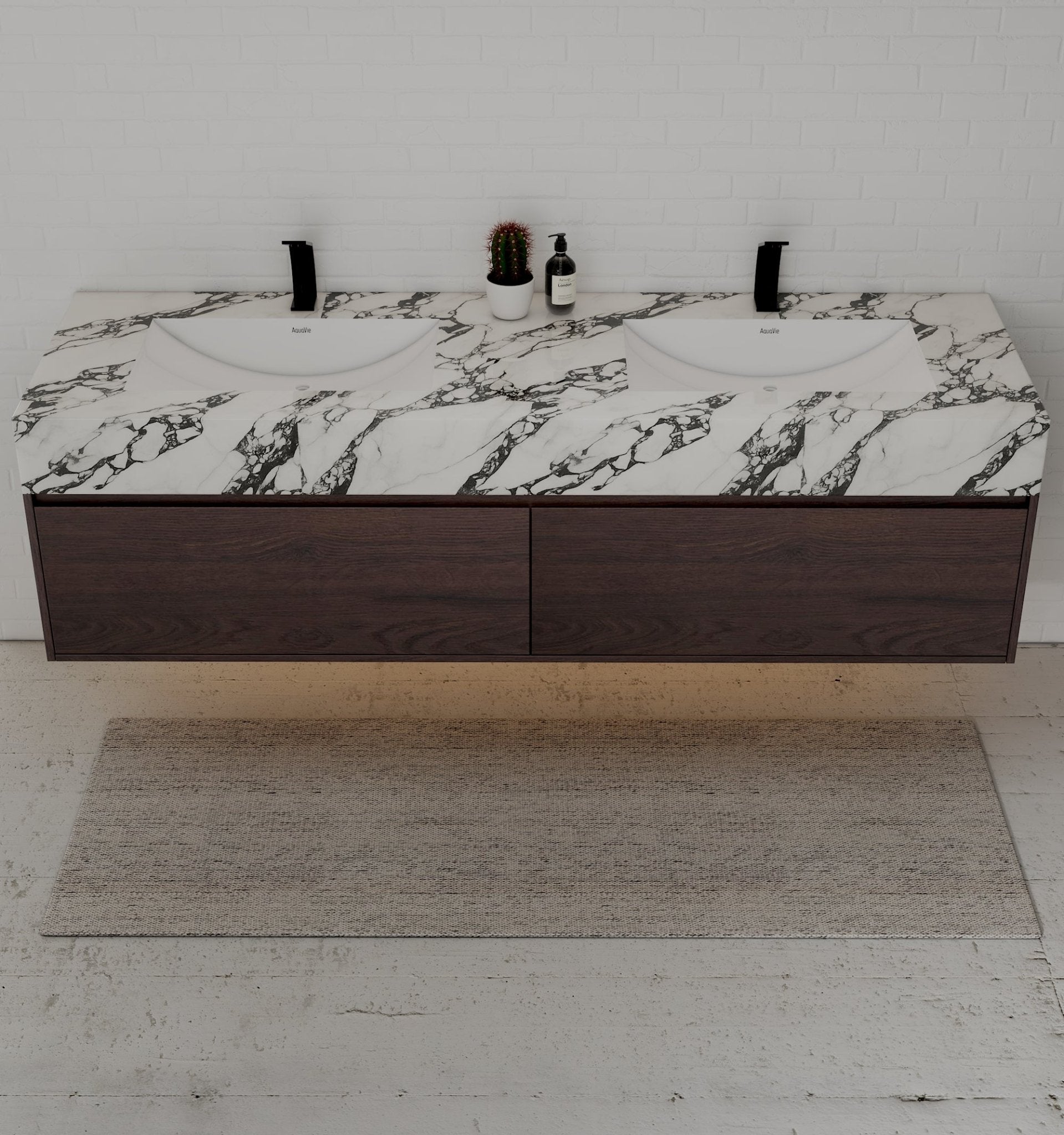 71" Walnut Double Sink Stone Top Two Drawers Floating Bathroom Vanity - VanityWalnut NeoNova Decor