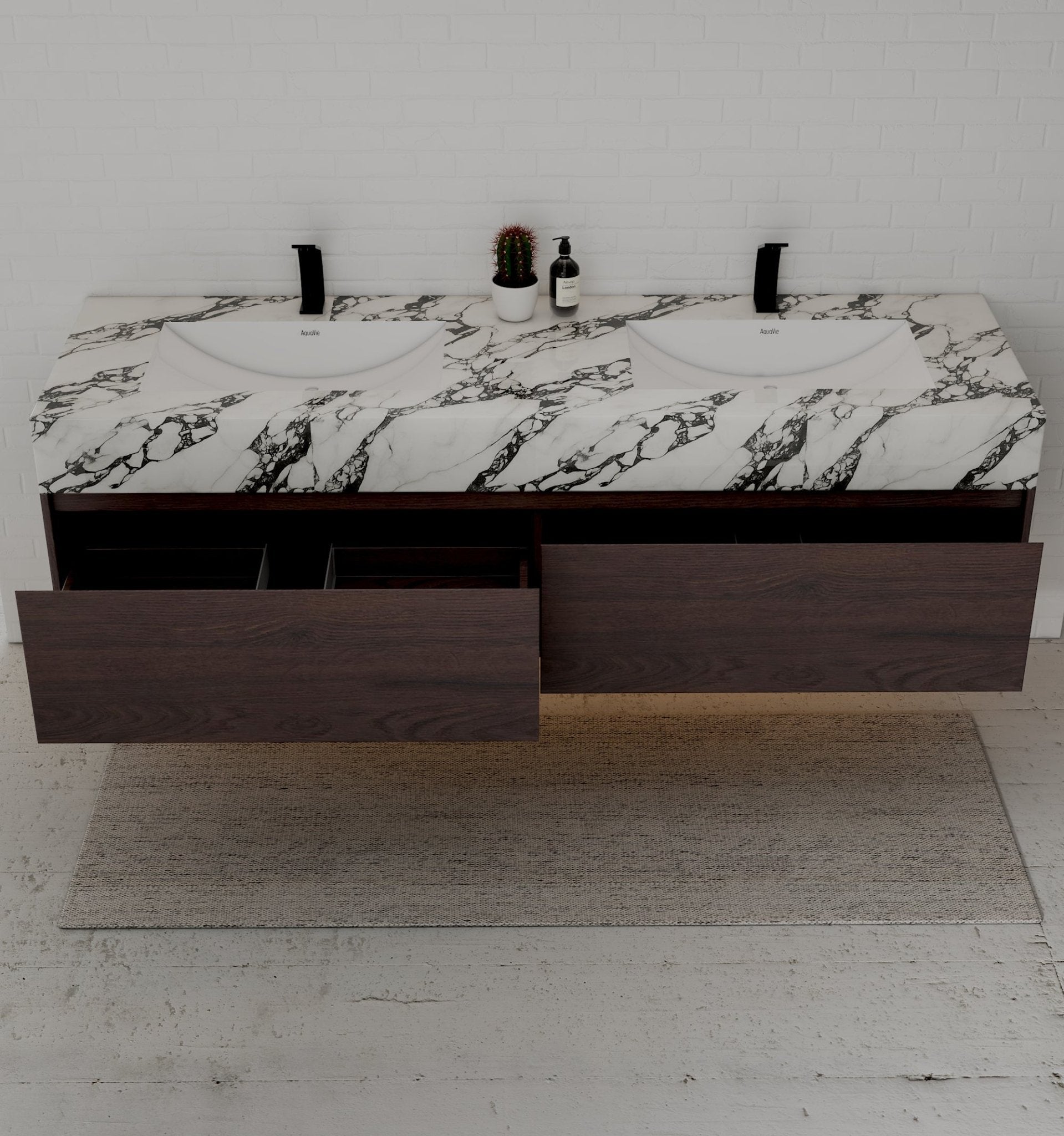 71" Walnut Double Sink Stone Top Two Drawers Floating Bathroom Vanity - VanityWalnut NeoNova Decor