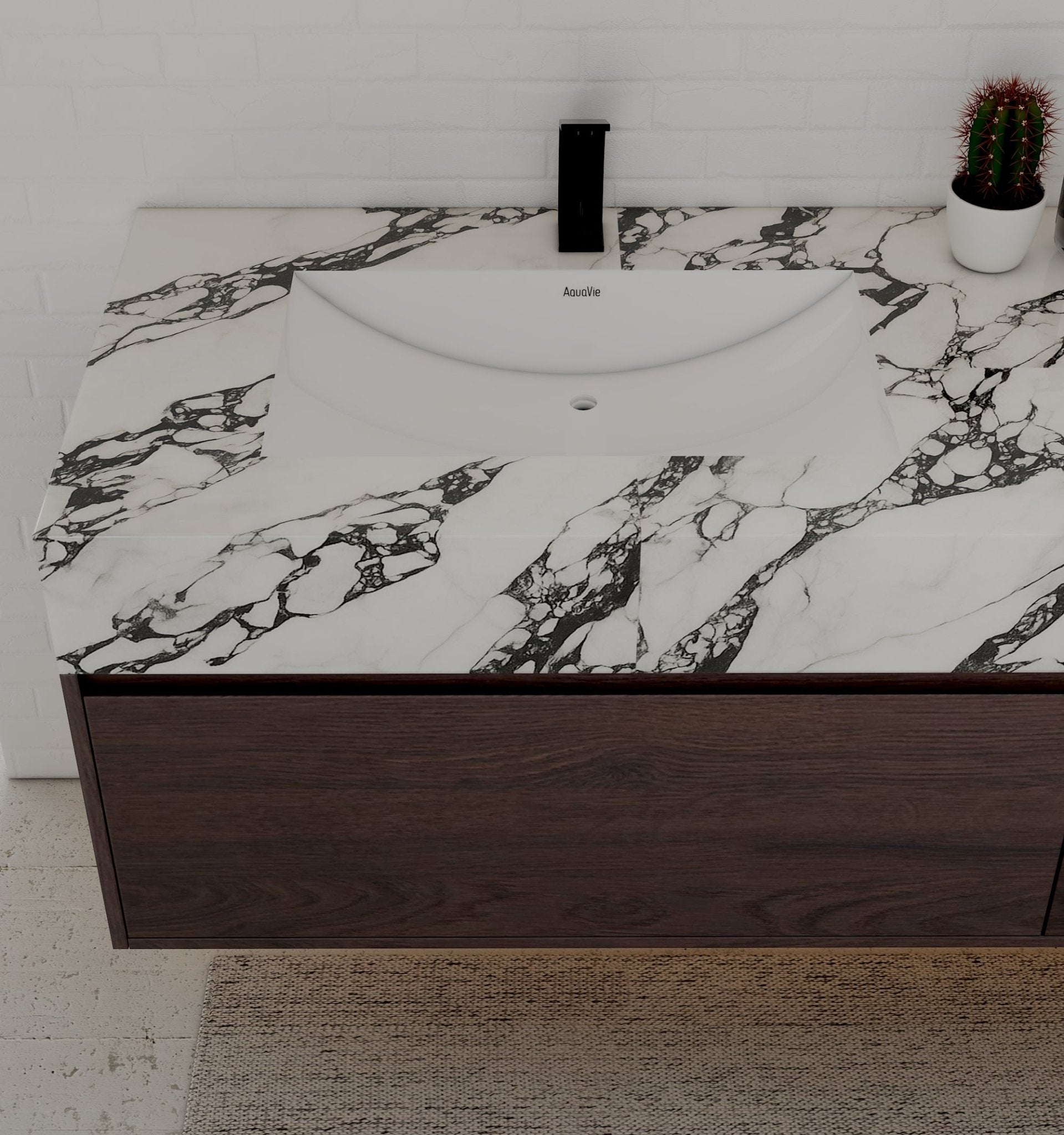 71" Walnut Double Sink Stone Top Two Drawers Floating Bathroom Vanity - VanityWalnut NeoNova Decor