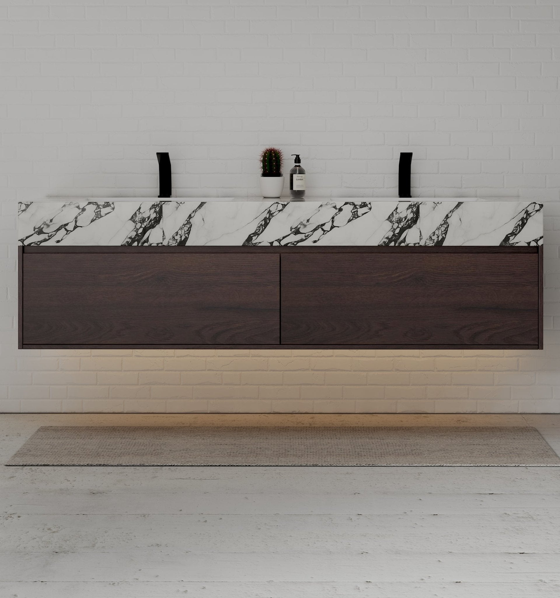 71" Walnut Double Sink Stone Top Two Drawers Floating Bathroom Vanity - VanityWalnut NeoNova Decor