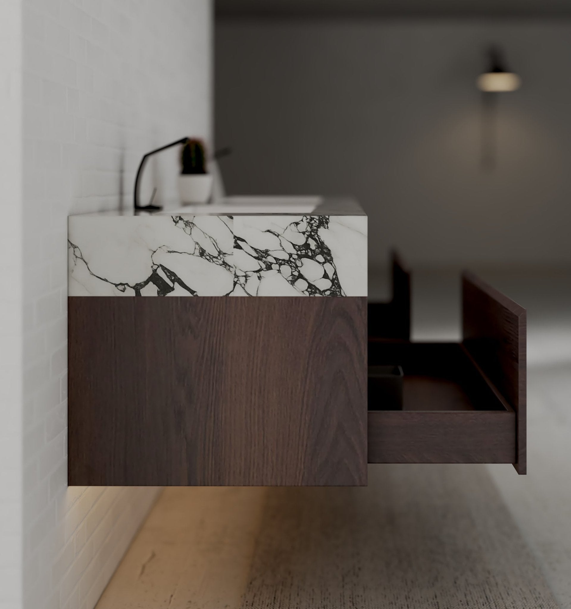 71" Walnut Double Sink Stone Top Two Drawers Floating Bathroom Vanity - VanityWalnut NeoNova Decor