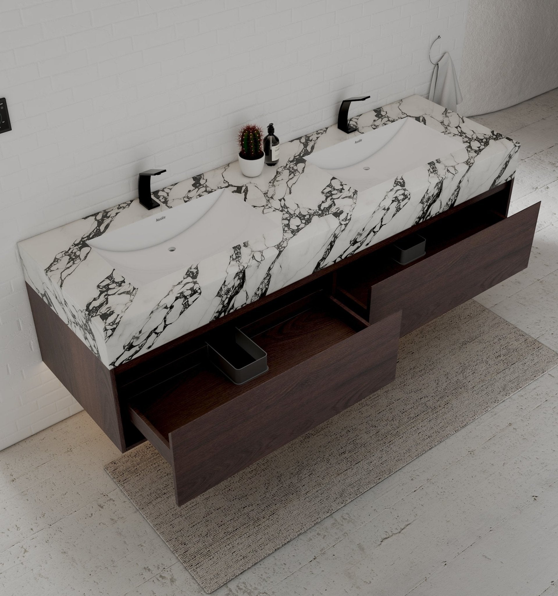 71" Walnut Double Sink Stone Top Two Drawers Floating Bathroom Vanity - VanityWalnut NeoNova Decor