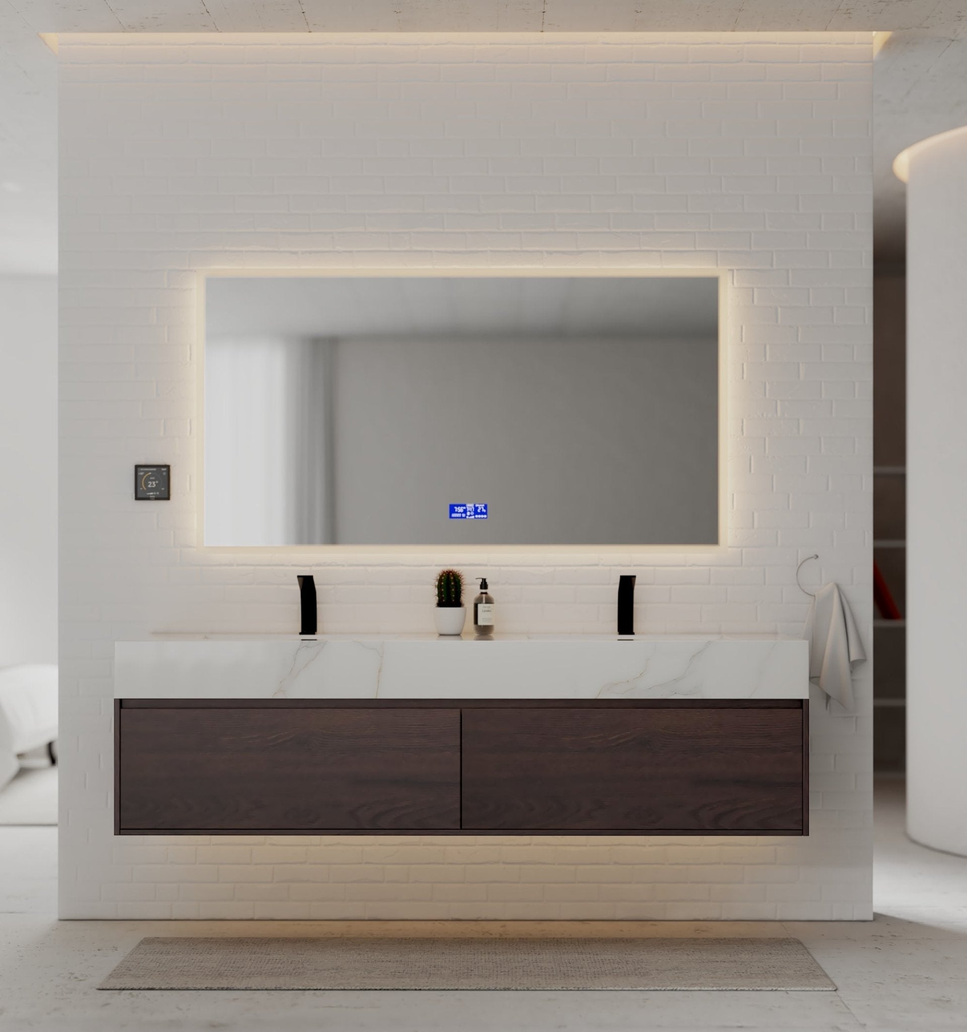 71" Walnut Double Sink Stone Top Two Drawers Floating Bathroom Vanity - VanityWalnut NeoNova Decor