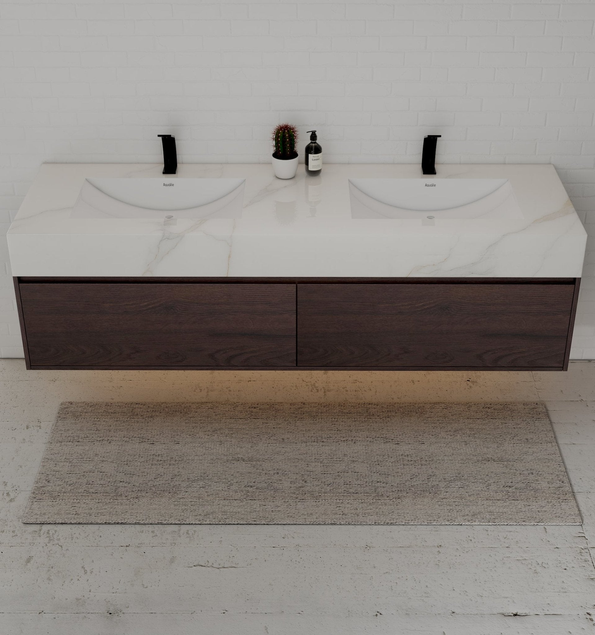 71" Walnut Double Sink Stone Top Two Drawers Floating Bathroom Vanity - VanityWalnut NeoNova Decor