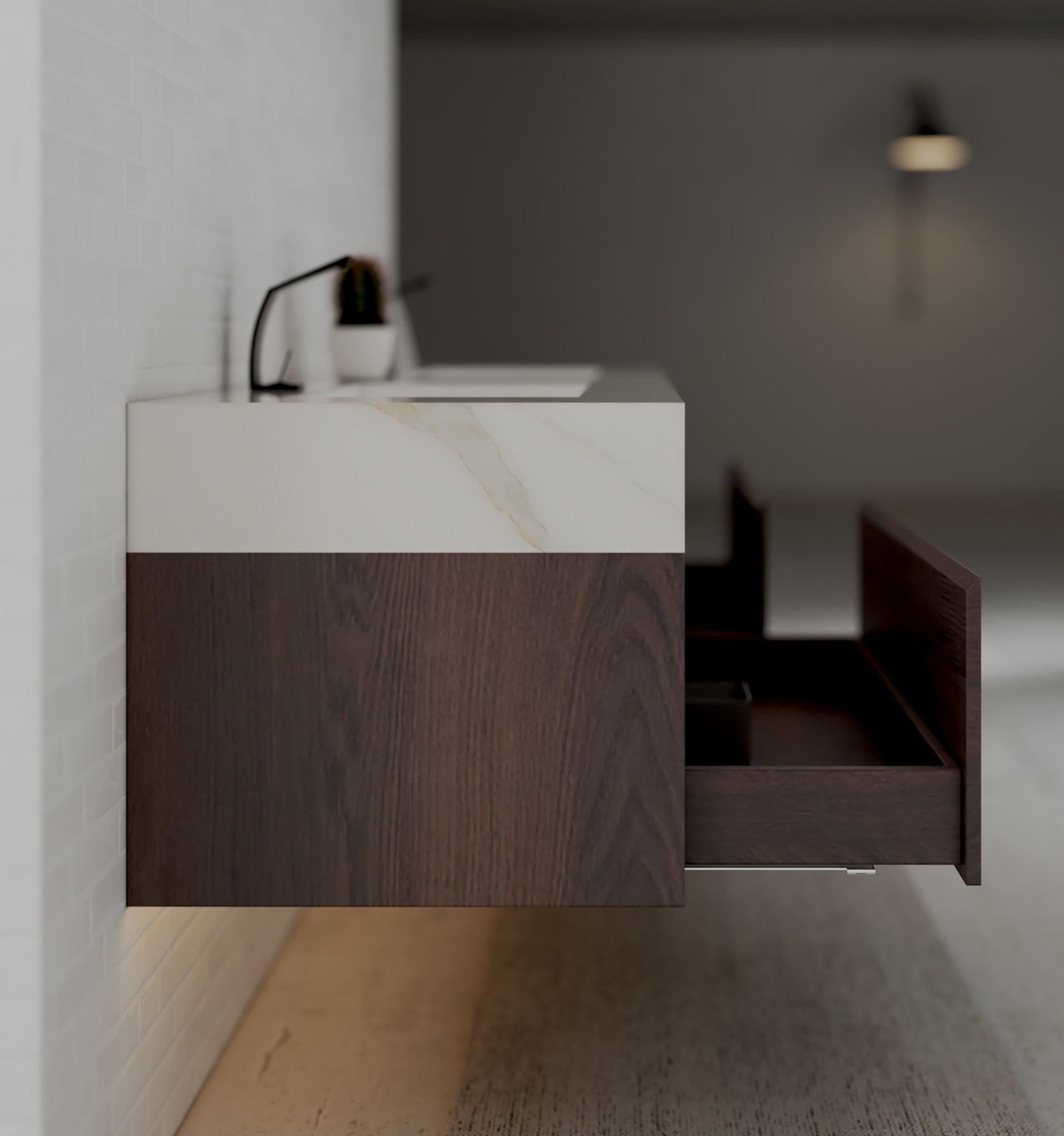 71" Walnut Double Sink Stone Top Two Drawers Floating Bathroom Vanity - VanityWalnut NeoNova Decor