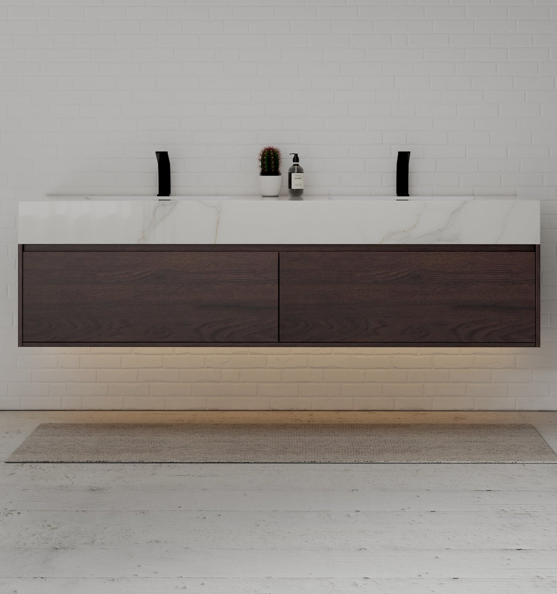 71" Walnut Double Sink Stone Top Two Drawers Floating Bathroom Vanity - VanityWalnut NeoNova Decor