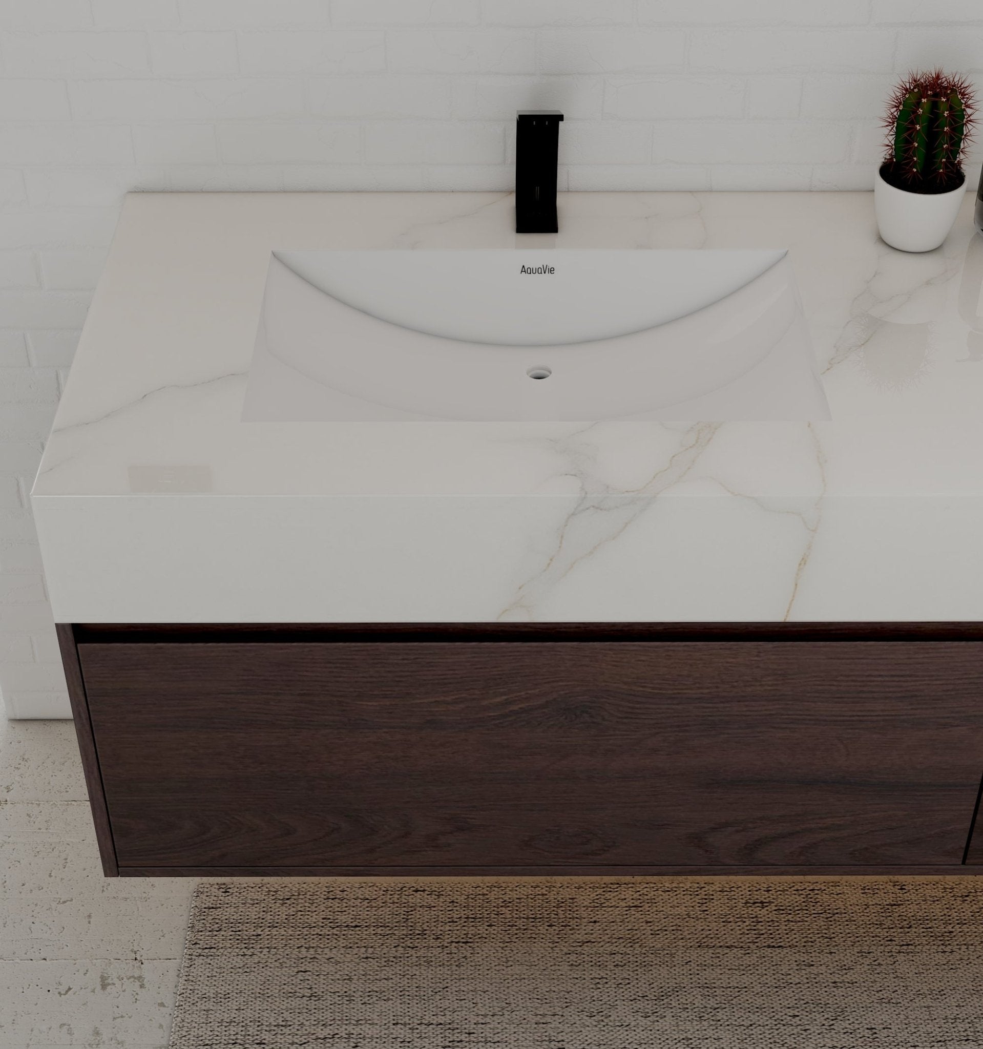 71" Walnut Double Sink Stone Top Two Drawers Floating Bathroom Vanity - VanityWalnut NeoNova Decor