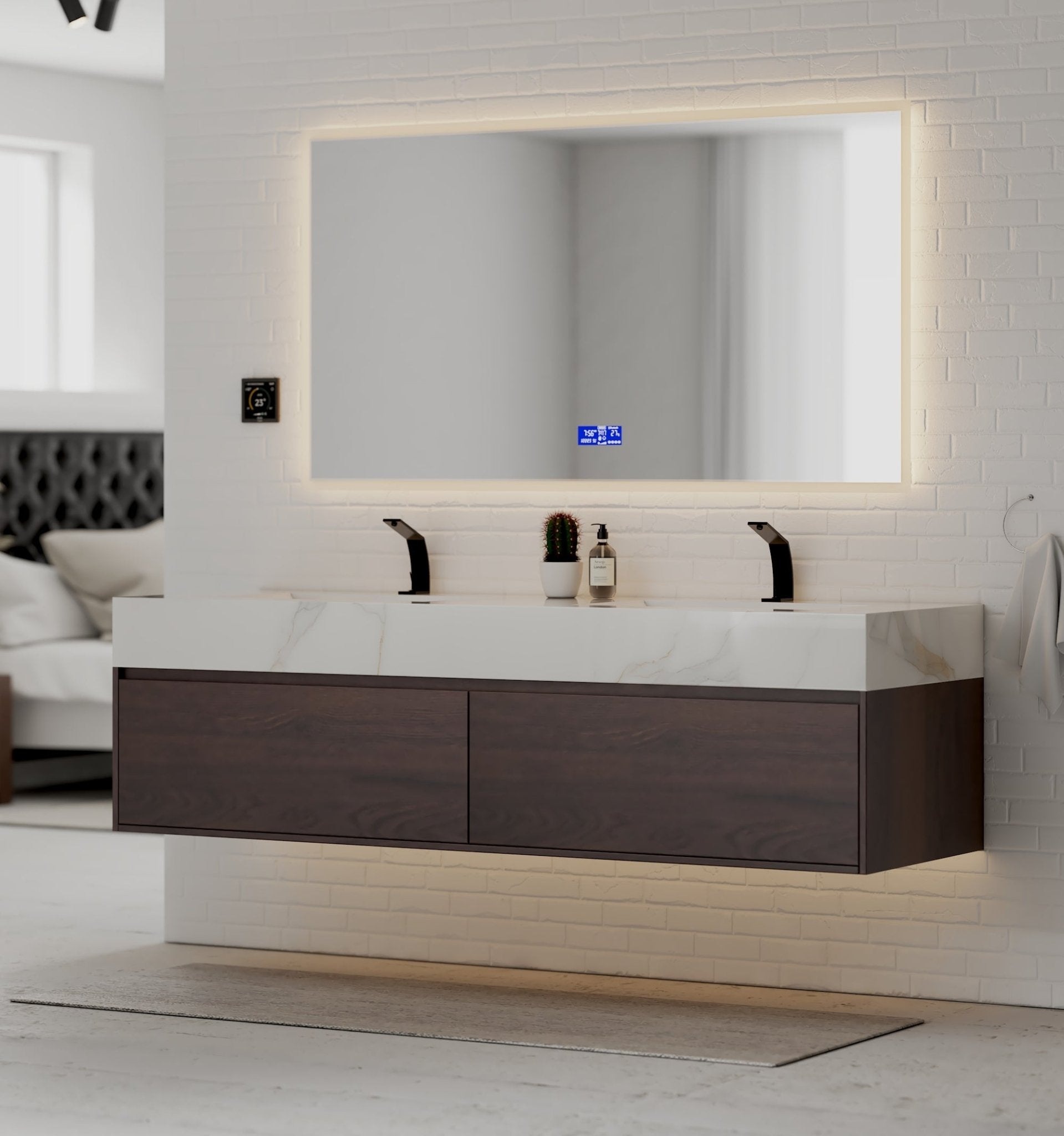 71" Walnut Double Sink Stone Top Two Drawers Floating Bathroom Vanity - VanityWalnut NeoNova Decor