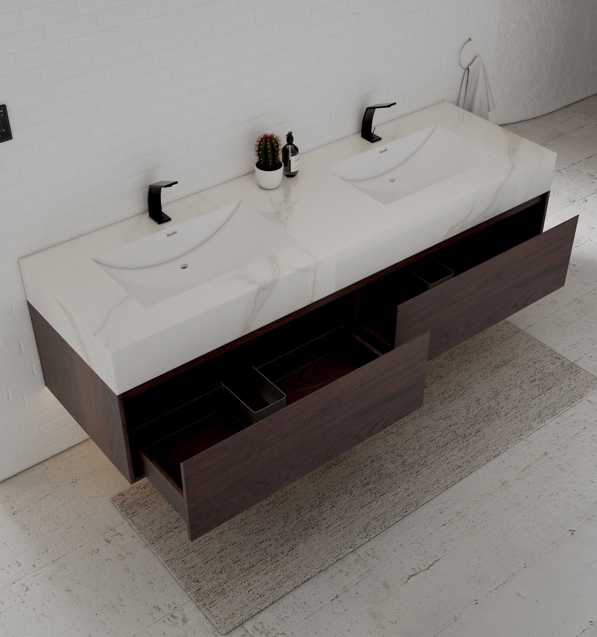 71" Walnut Double Sink Stone Top Two Drawers Floating Bathroom Vanity - VanityWalnut NeoNova Decor